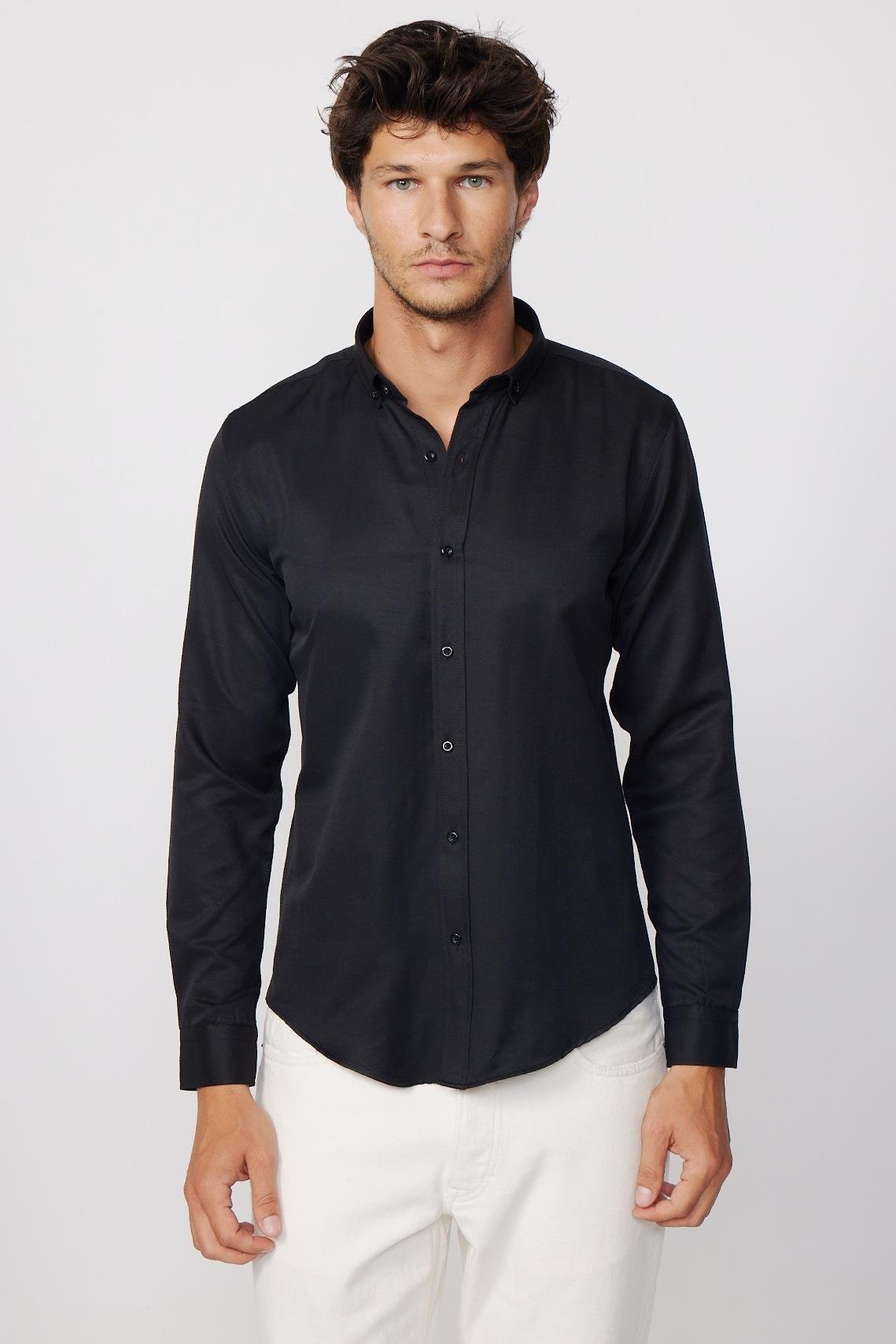 Titel: Herren Slim Fit Baumwollhemd mit Button-Down-Kragen - GABARDIN - Schwarz