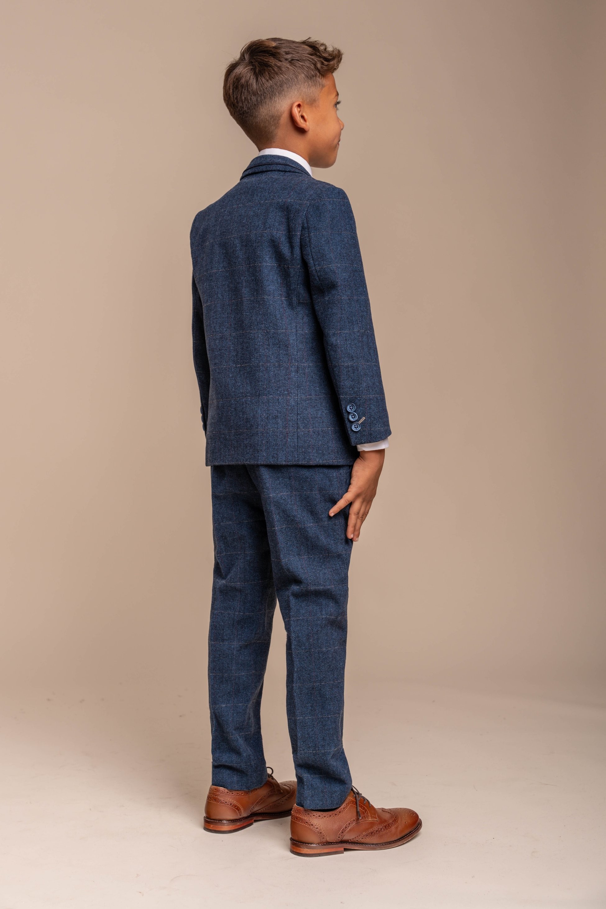 Jungen Slim-Fit Fischgräten-Tweed Blauer Anzug - CARNEGI