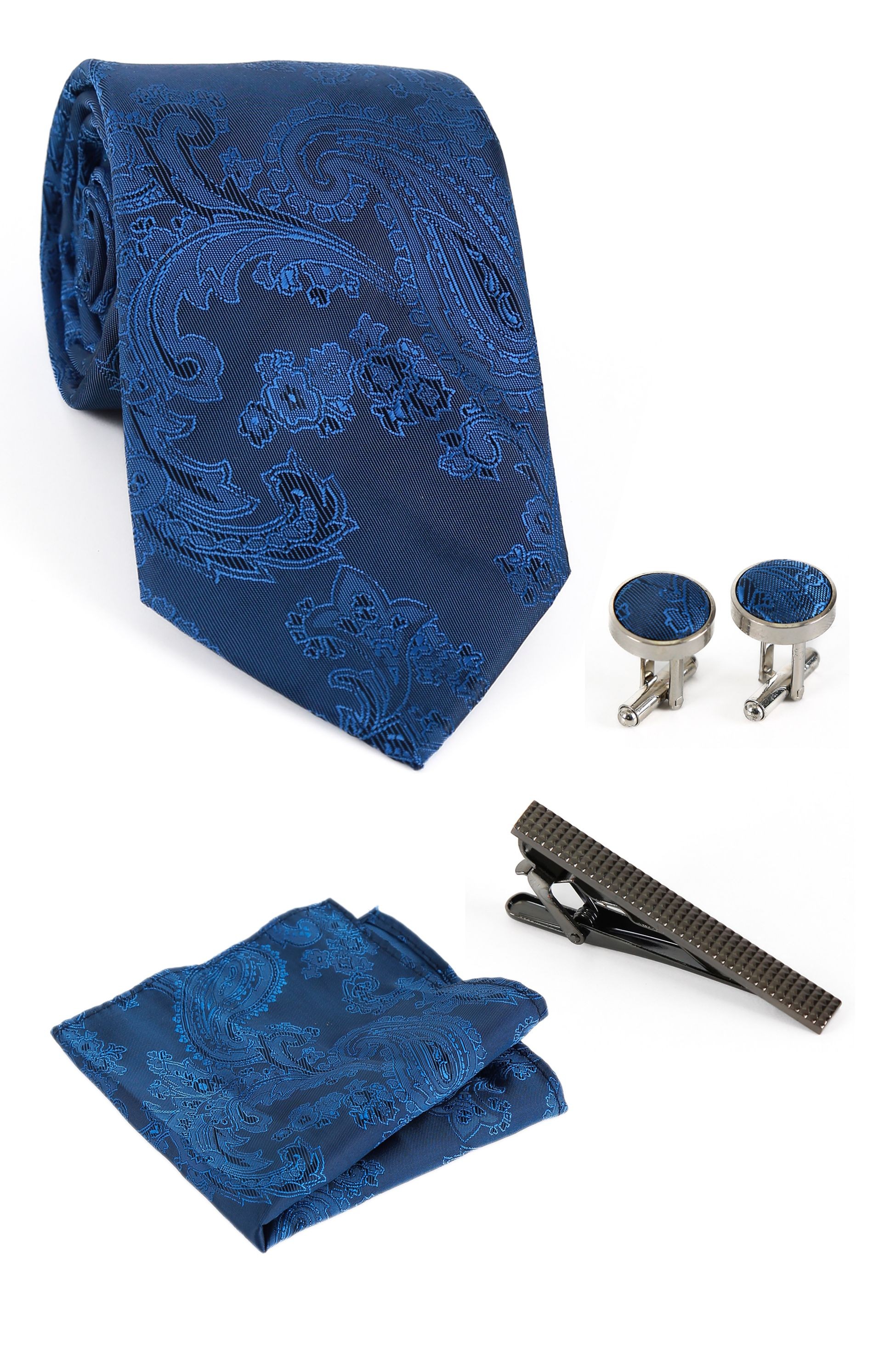 Ensemble cravate paisley et boutons de manchette pour hommes - Bleu royal