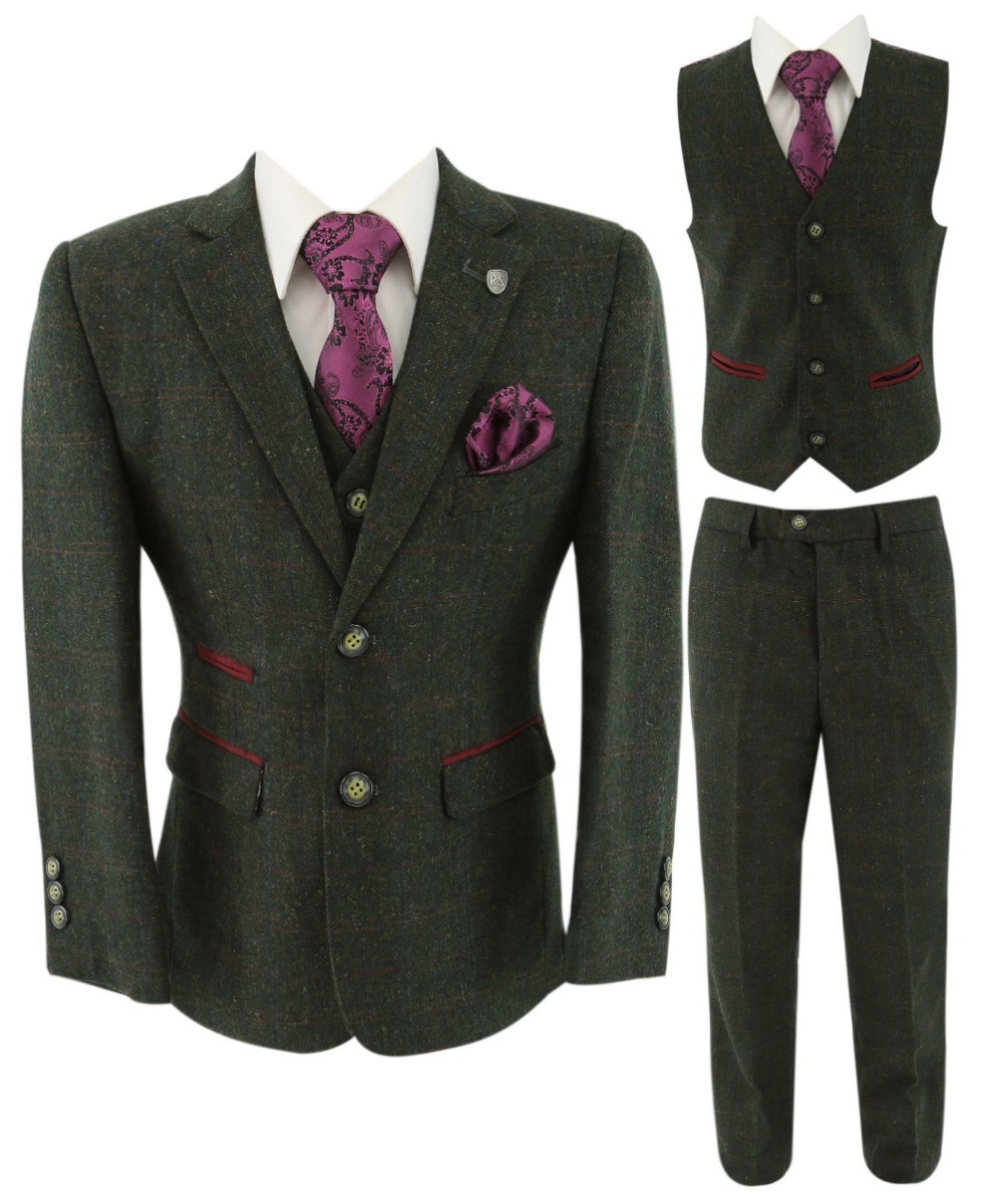 Boys' Green Tweed Check Tailored Fit Suit - JOSHUA