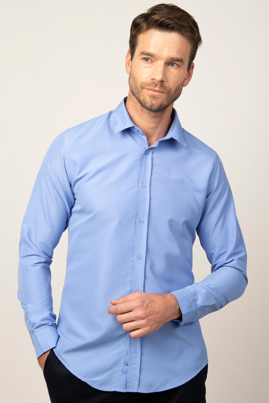 Herren Slim Fit Langarm-Hemd - POLY - Blau