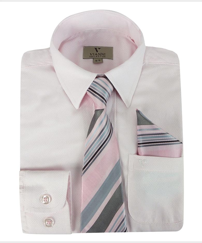 Ensemble Chemise à Manches Longues en Mélange de Coton, Cravate & Mouchoir pour Garçons - Cravate à motif rose