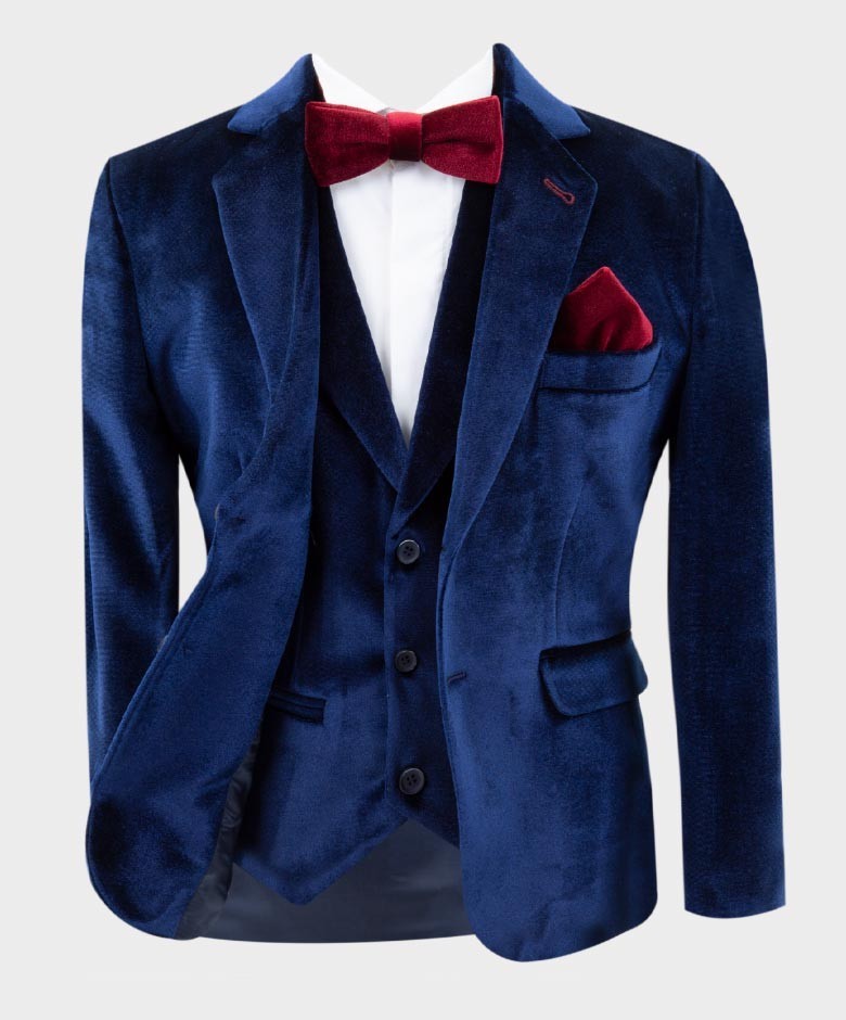 Boys Tailored Fit Velvet Blazer with Elbow Patches - Navy Blue