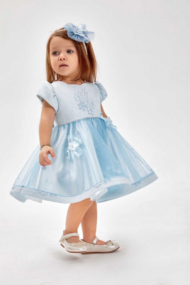 Baby Mädchen Kleid mit Kurzen Puffärmeln in Blau - Baby blau