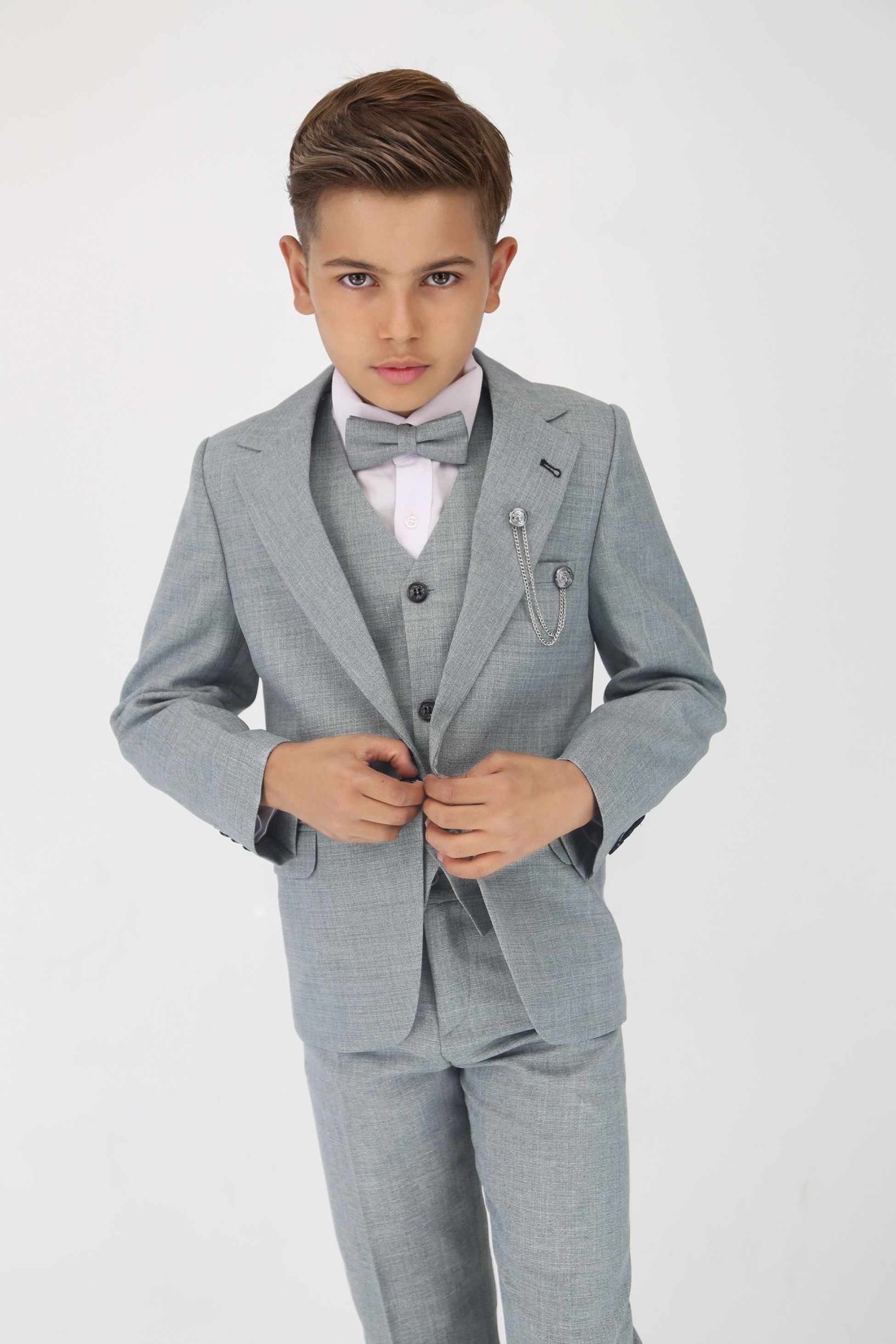 Boys Slim Fit Textured 6-Piece Formal Suit Set - Grey