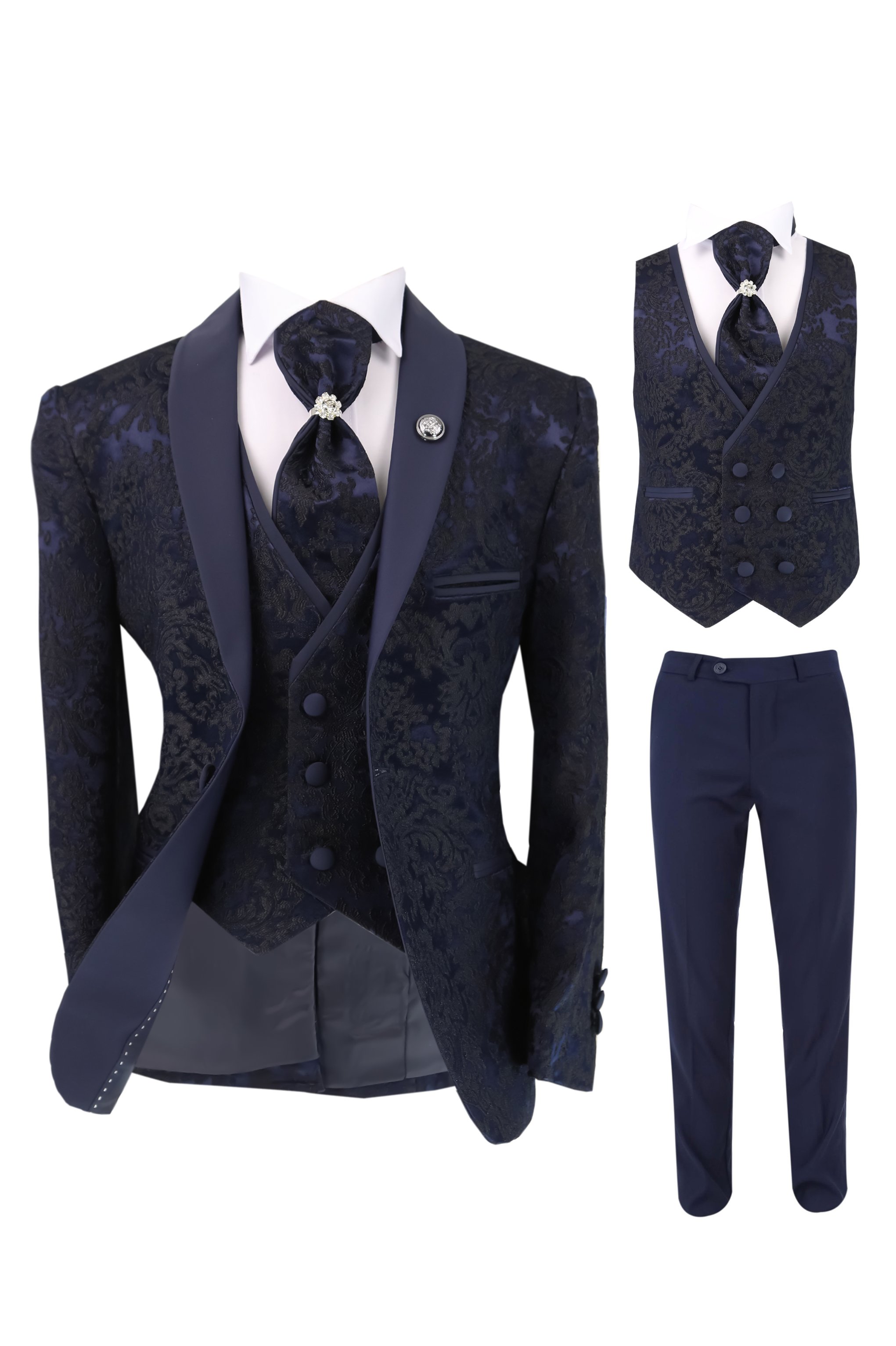 Jungen Slim Fit Paisley Blumen Schwarzer Smokinganzug Seti - Navy