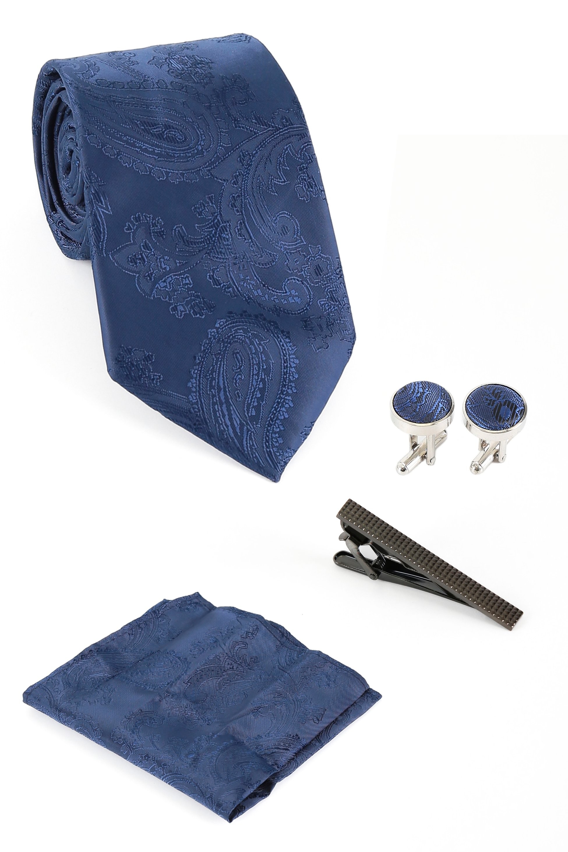 Ensemble cravate paisley et boutons de manchette pour hommes - Bleu profond