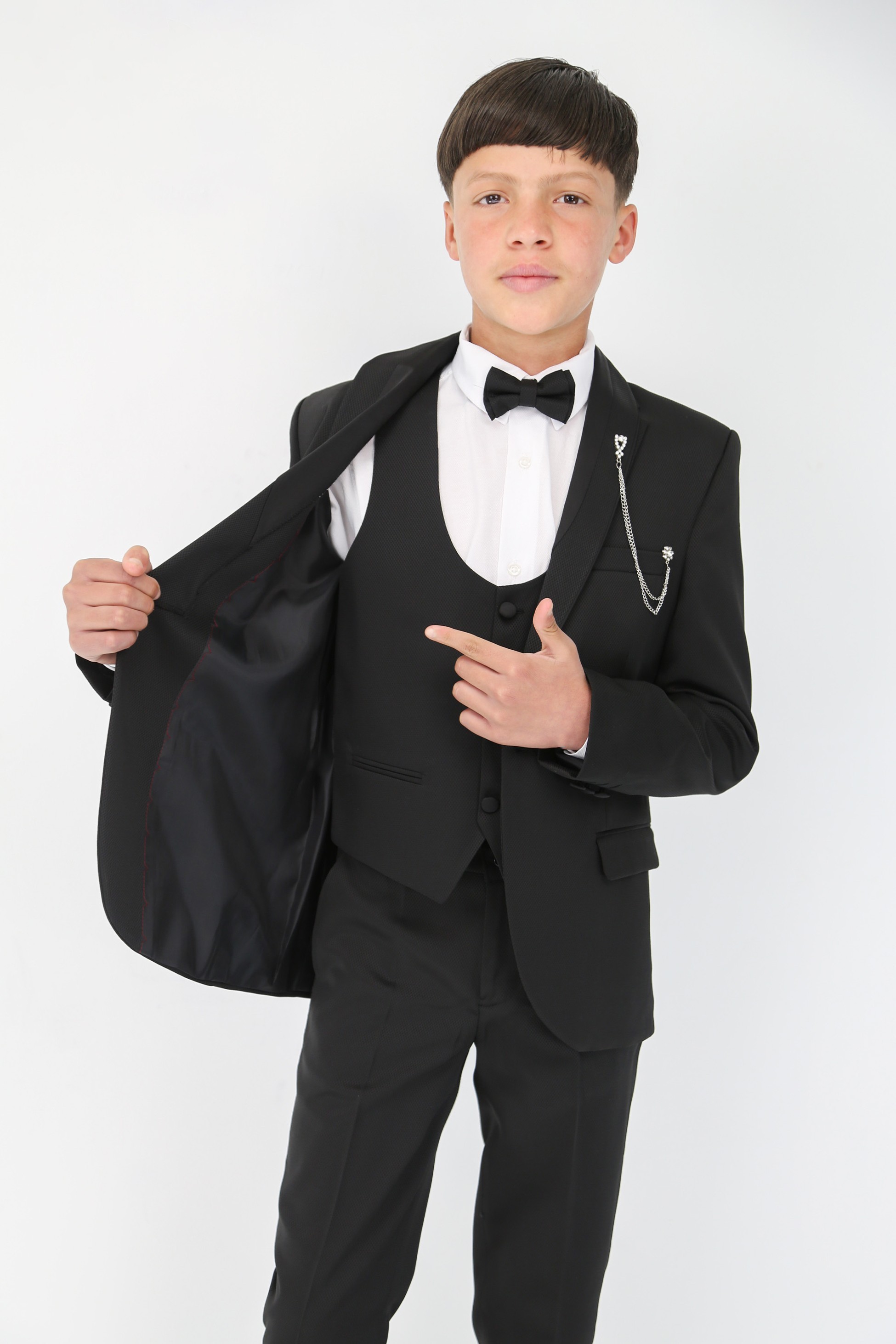 Boys' Satin Shawl Lapel Self-Patterned Tuxedo Suit, 6-Piece Set