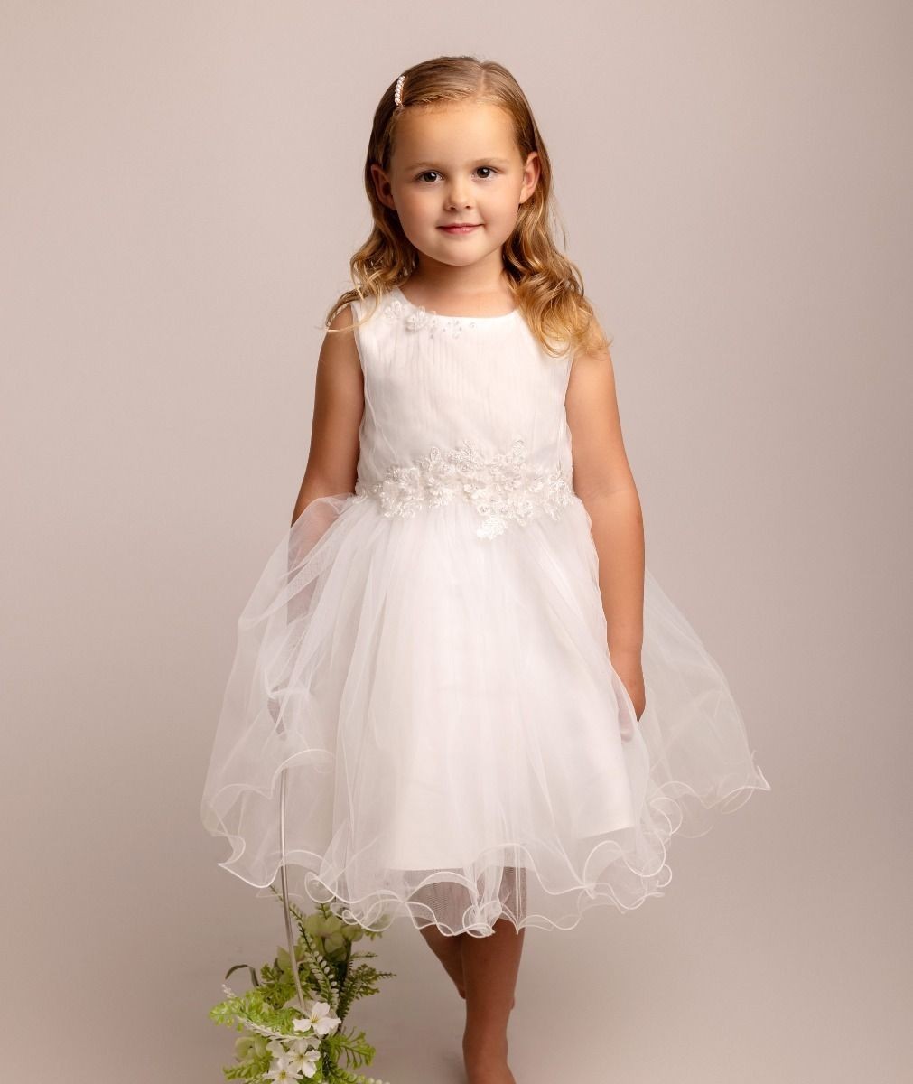 Girls Ivory Floral Appliques Tulle Dress - Monica