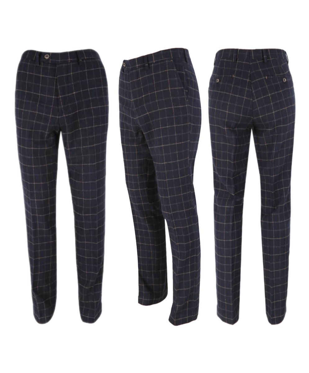 Men's Tweed Check Slim Fit Navy Pants - SHELBY