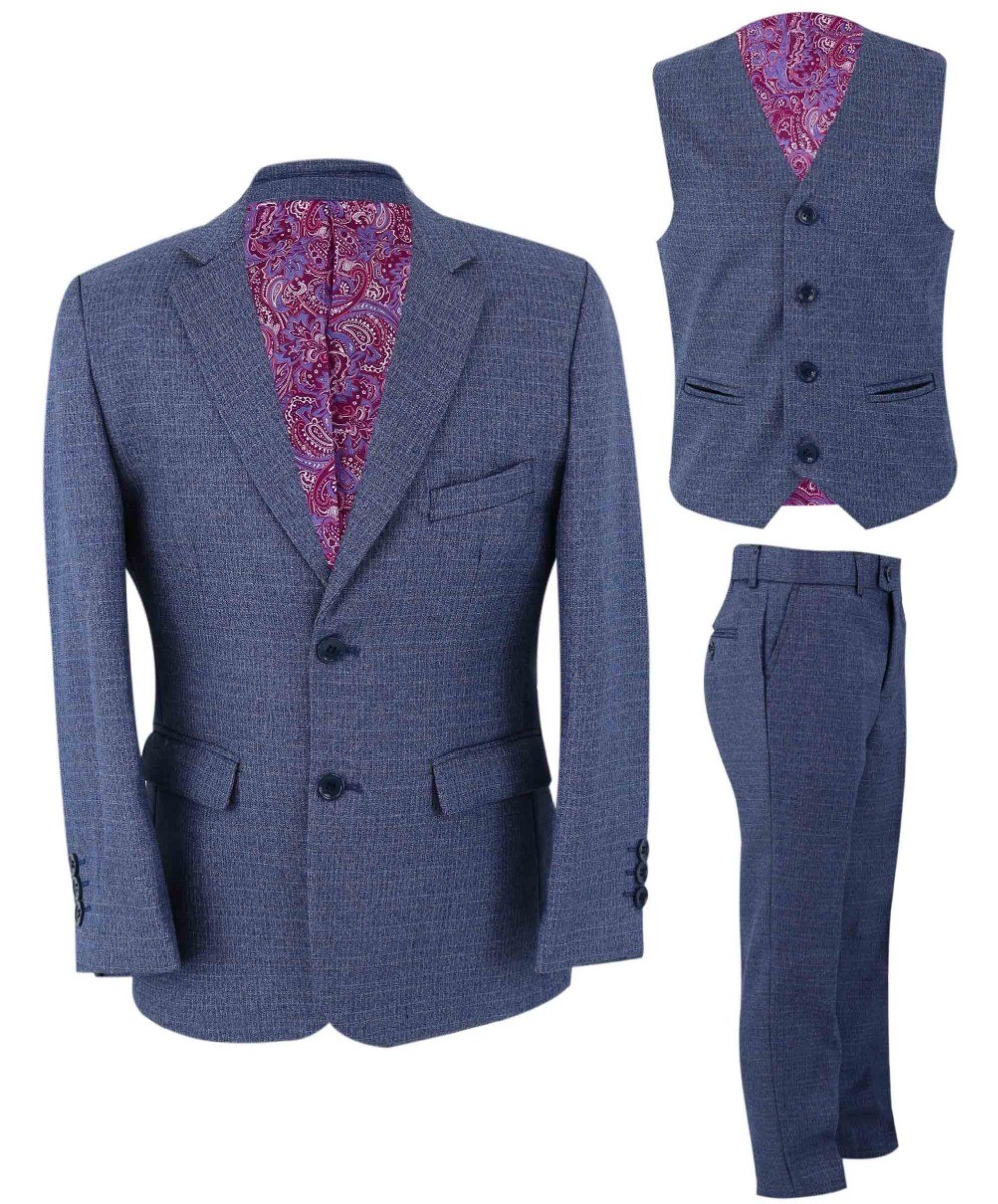 Boys Textured Tailored Fit Blue Suit - LONDON