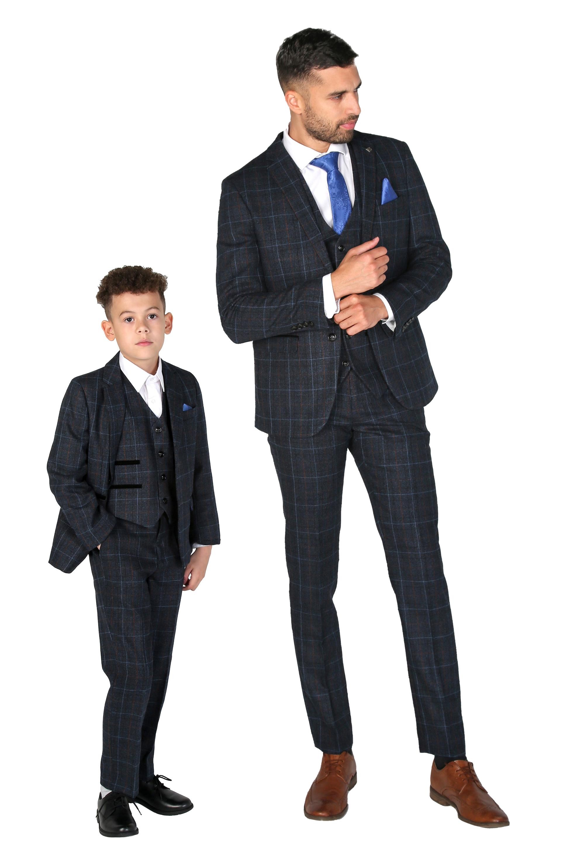 Tailored Fit Retro Anzug für Jungen aus TweedKaro - Navy blau