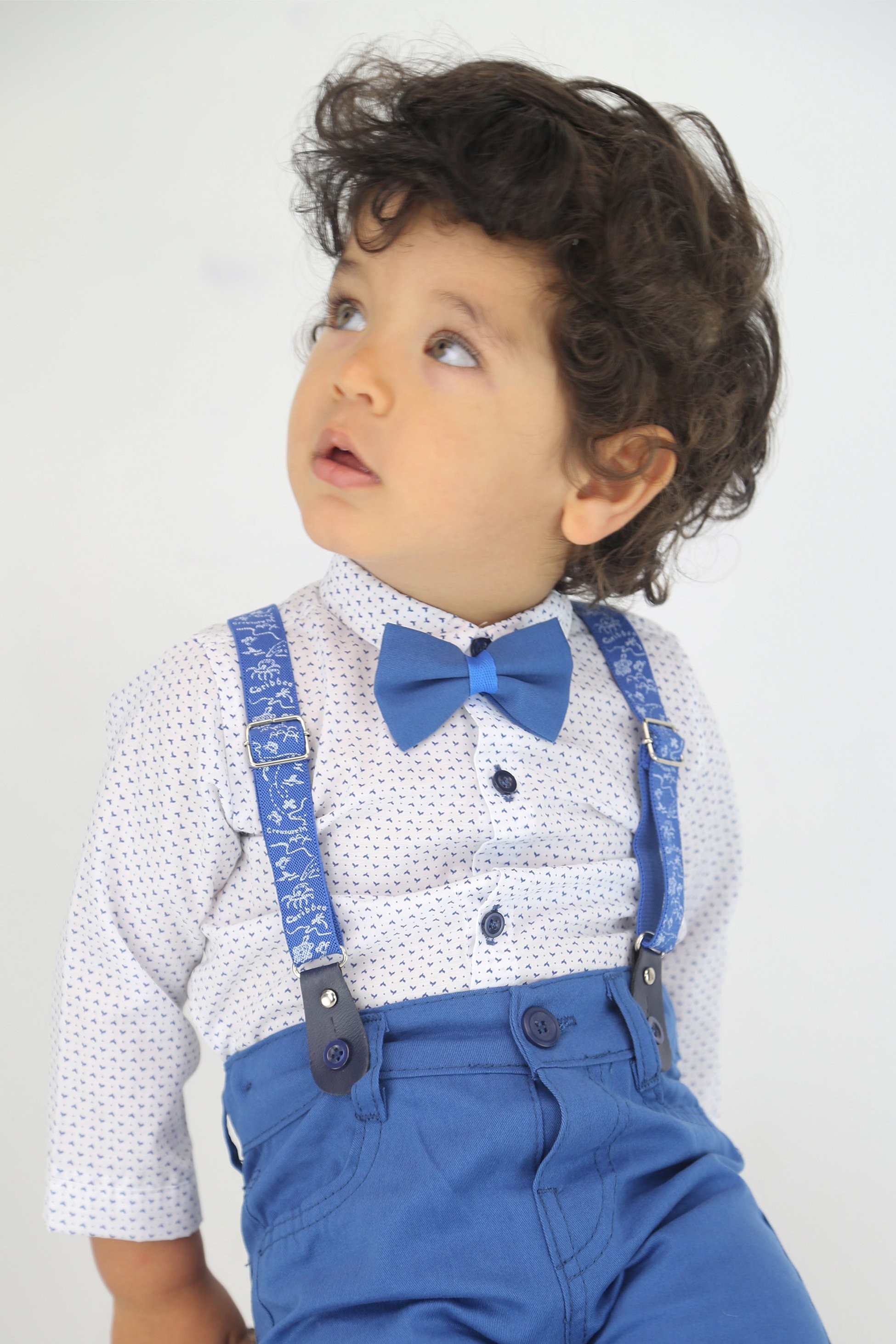 Baby Jungen Gentleman Outfit - 4-teiliges Hosenträger-Anzug-Set - BIRD - Blau