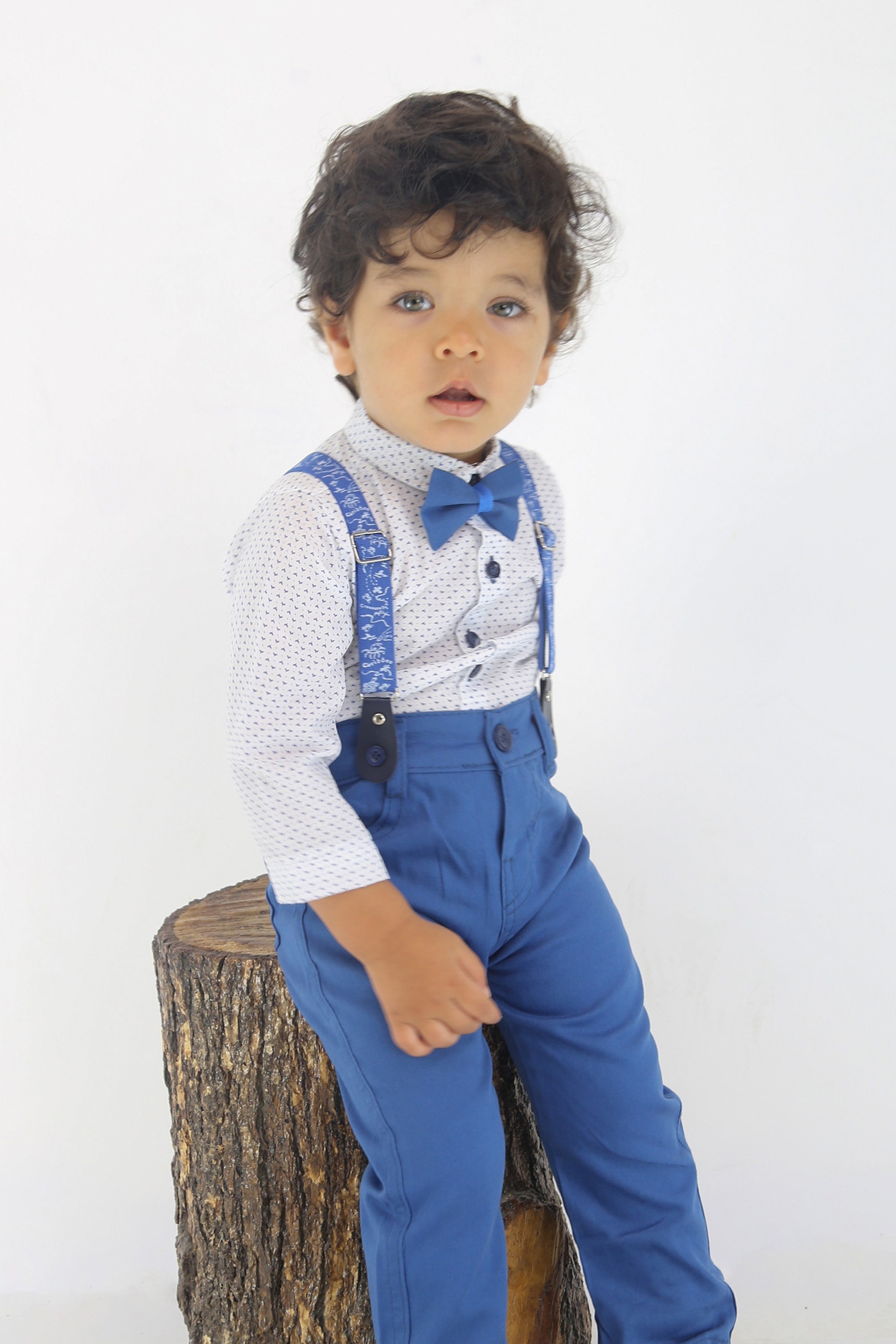 Baby Jungen Gentleman Outfit - 4-teiliges Hosenträger-Anzug-Set - BIRD - Blau