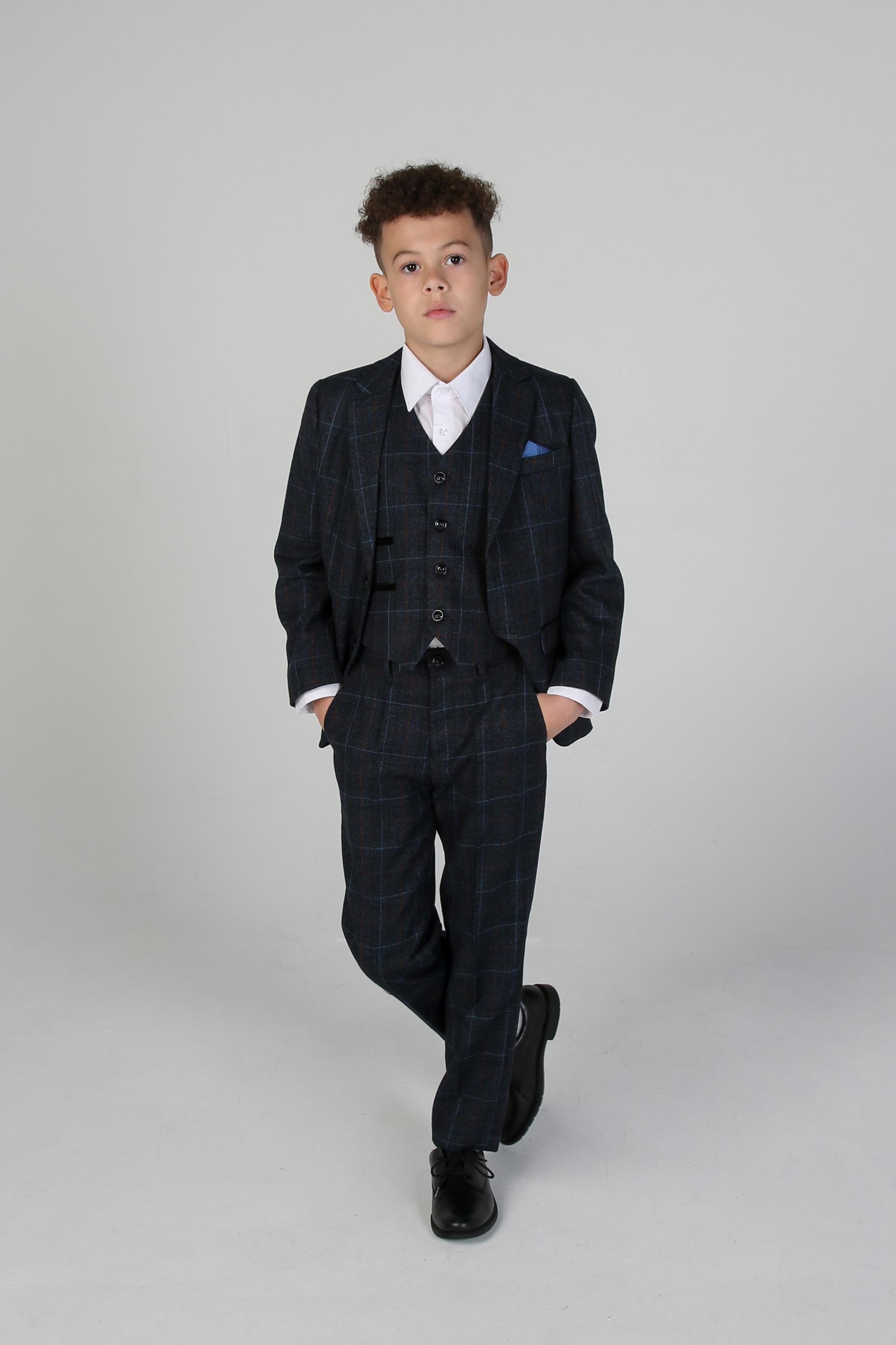 Tailored Fit Retro Anzug für Jungen aus TweedKaro - Navy blau