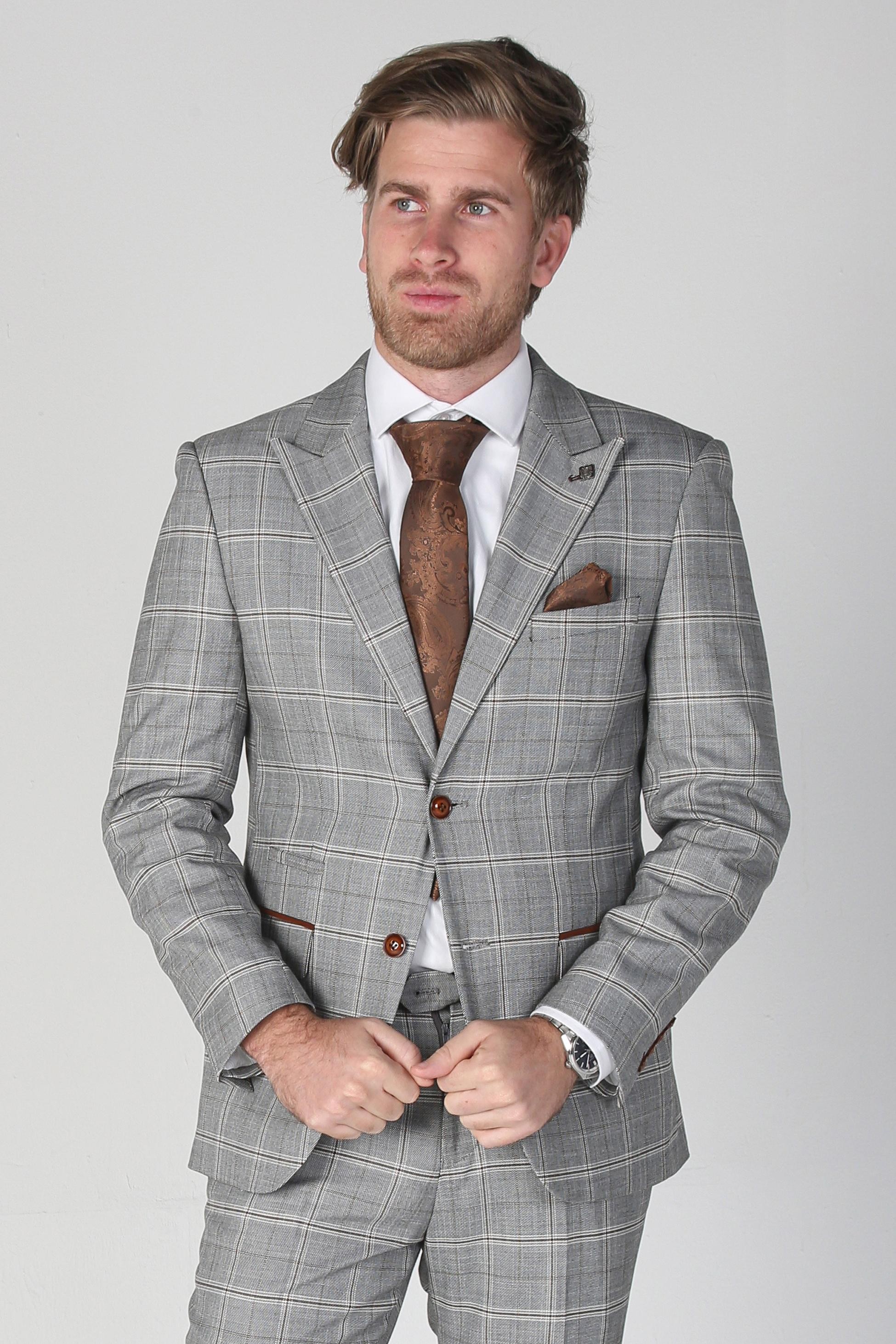 Men's Windowpane Check Grey Suit Jacket- FRANCIS