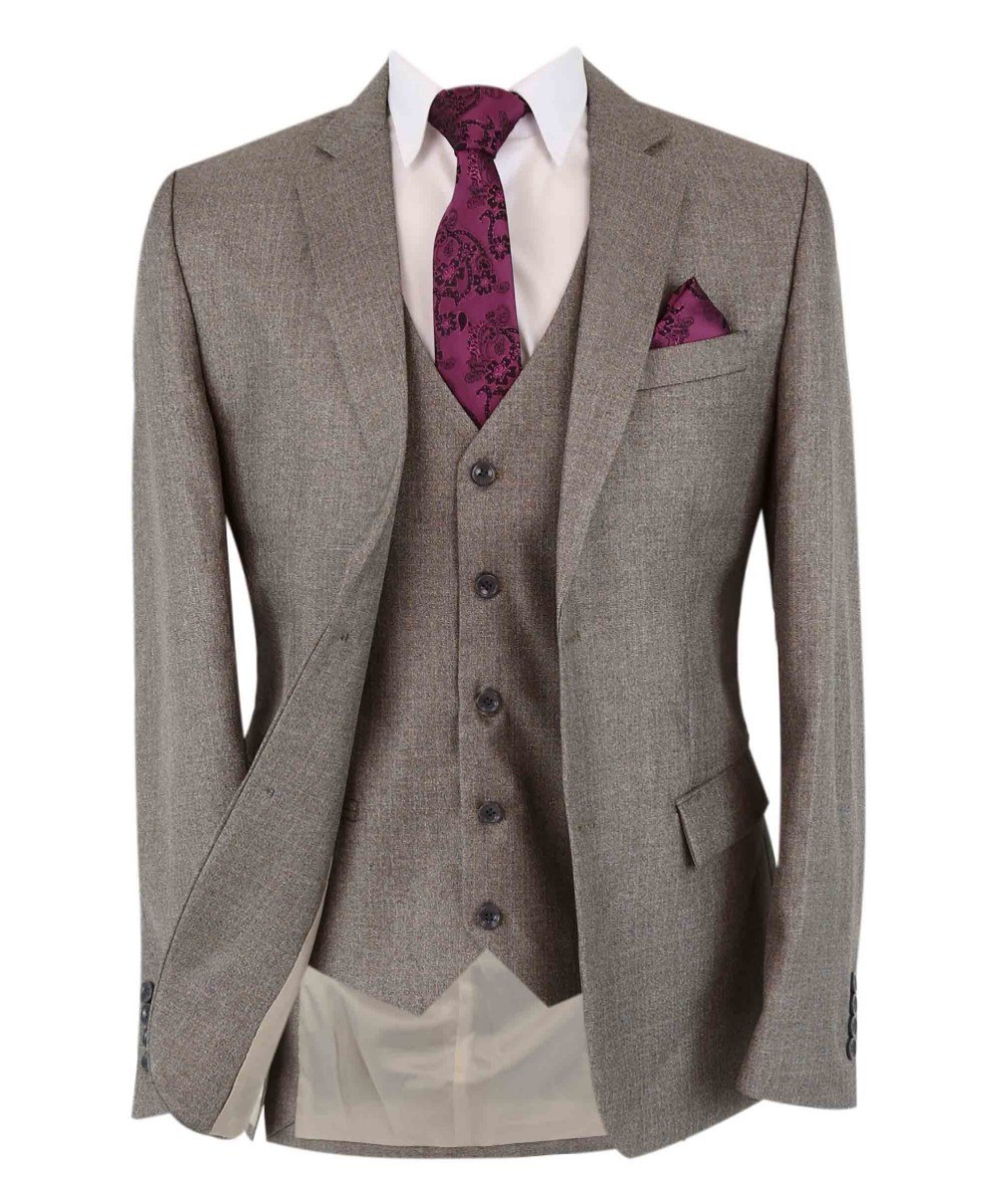 Men's Textured Tailored Fit Suit - ADRIAN - Dark Beige