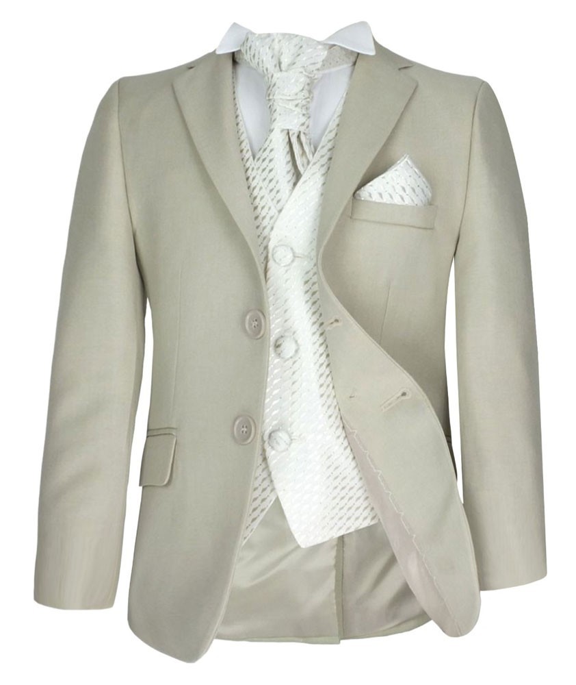 Boys Beige Suit with Patterned Vest and Cravat Set 