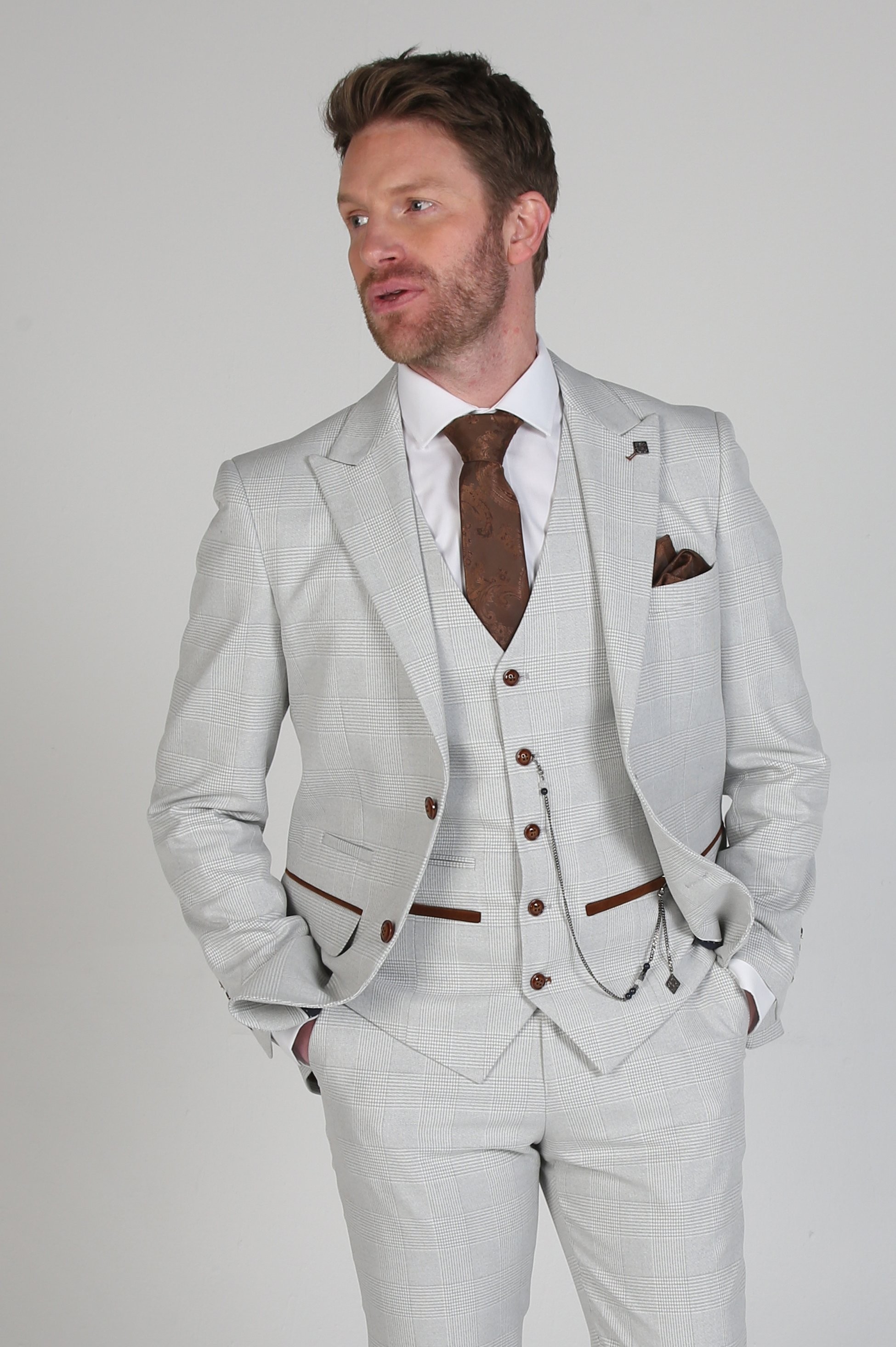 Men's Stone Grey Tailored Fit Check Suit - MARK STONE