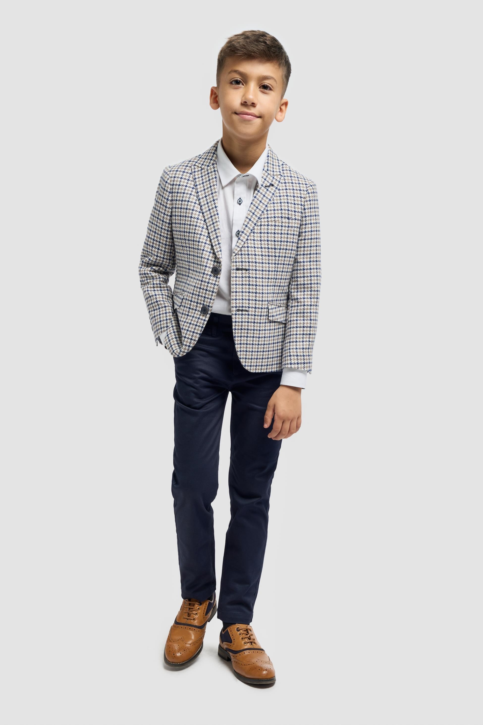 Boys’ Beige Cotton Houndstooth Blazer - Bartela