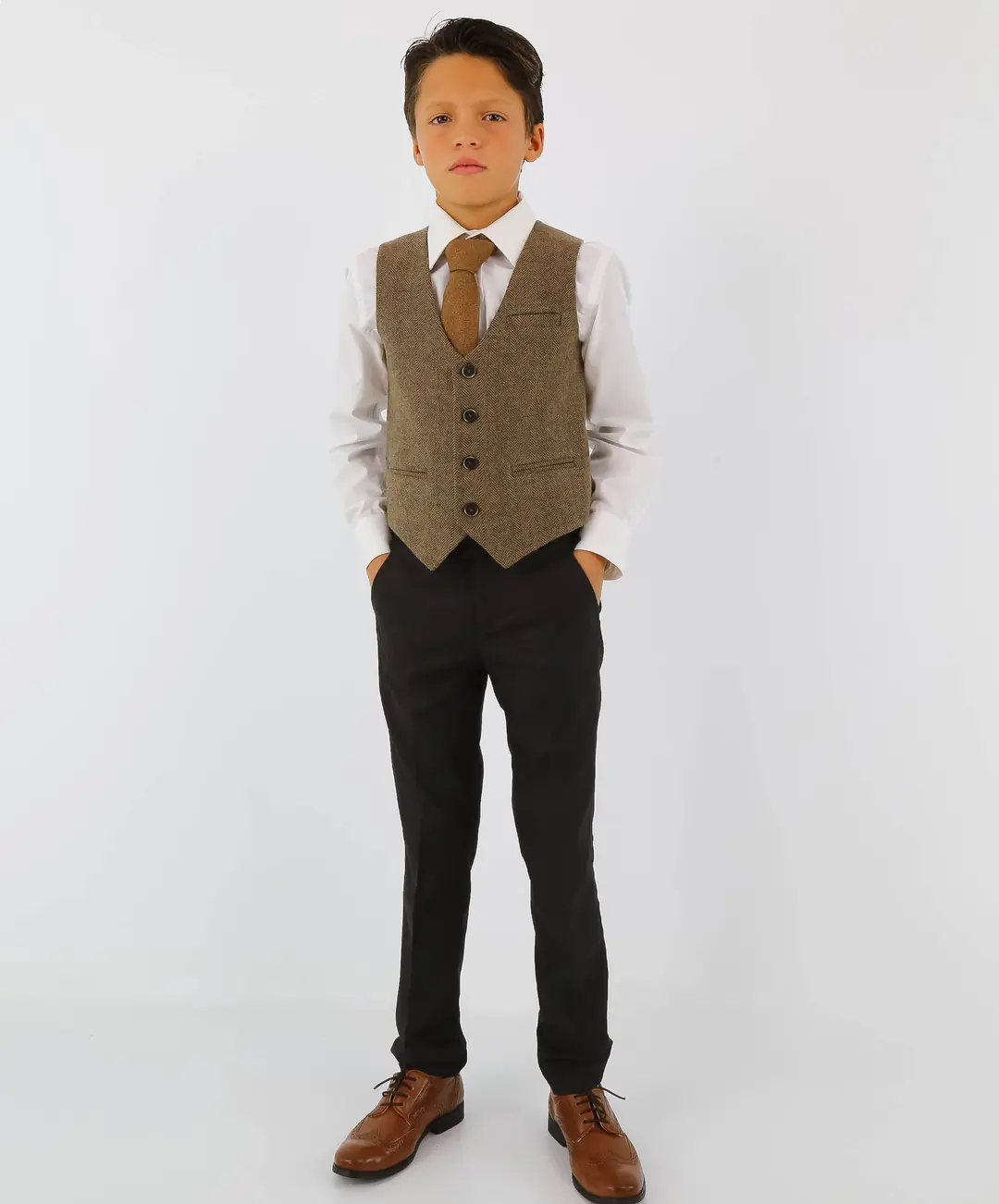 Kids Baby Boys Tan Brown Herringbone Check Tweed Piece Suit