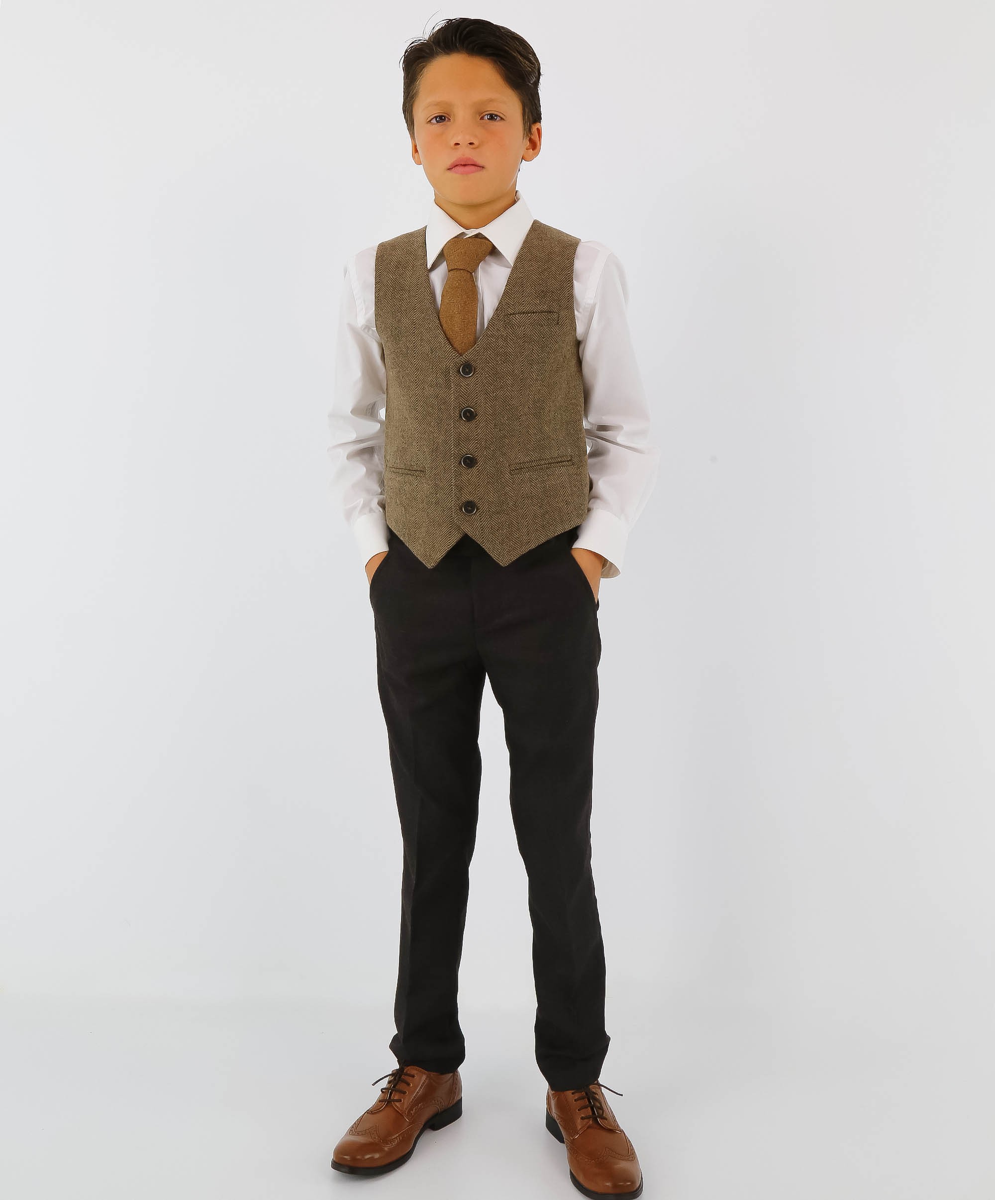 Boys Herringbone Tweed Vest Suit - Brown