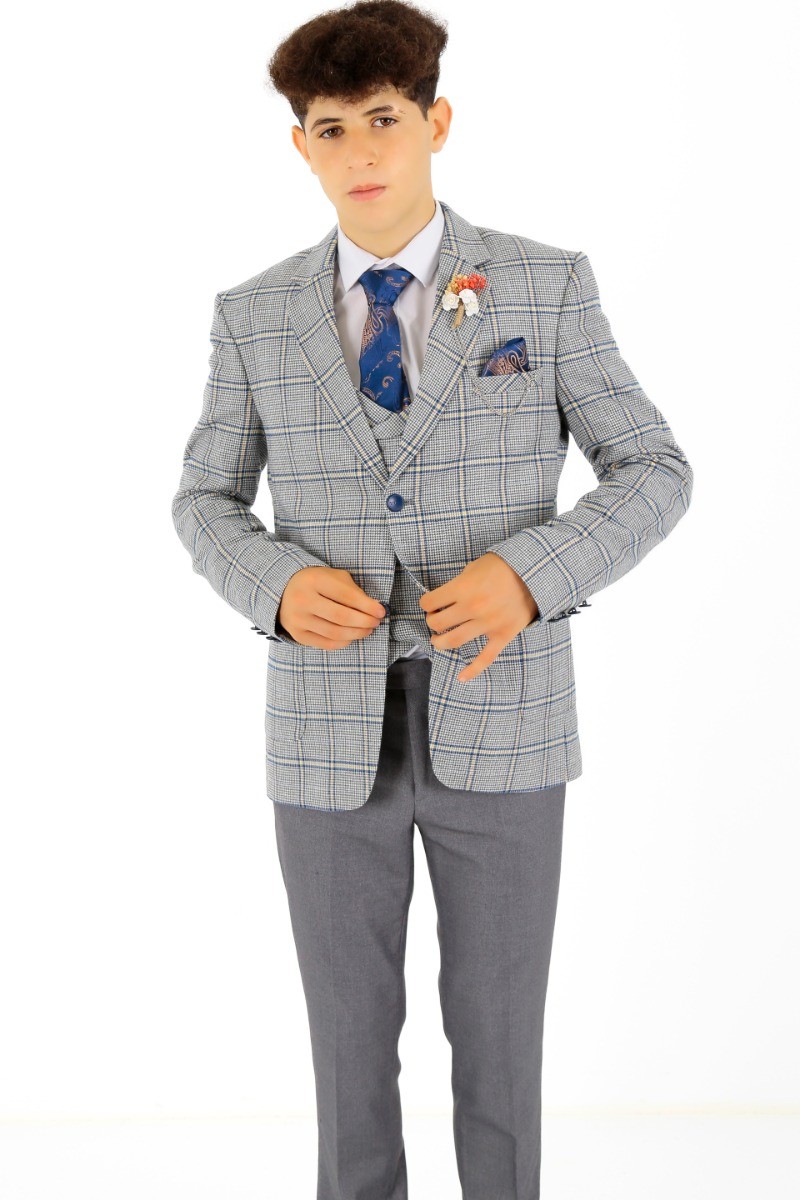 Jungen Slim-Fit Anzug mit Fensterkaro - Blau grau