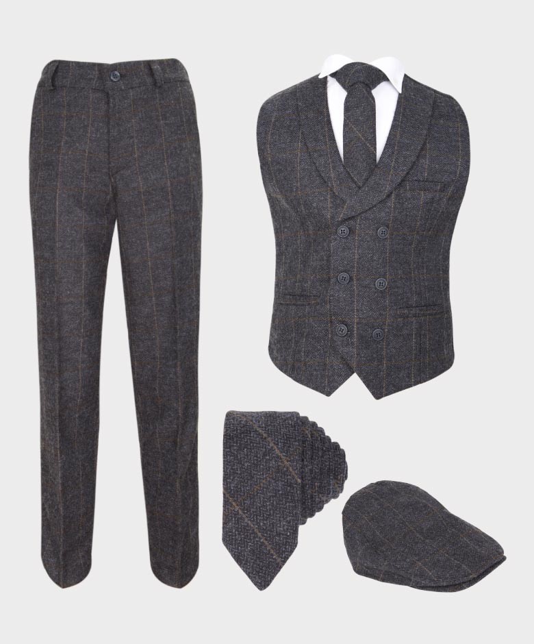 Boys Herringbone Check Double-breasted Vest Suit Set