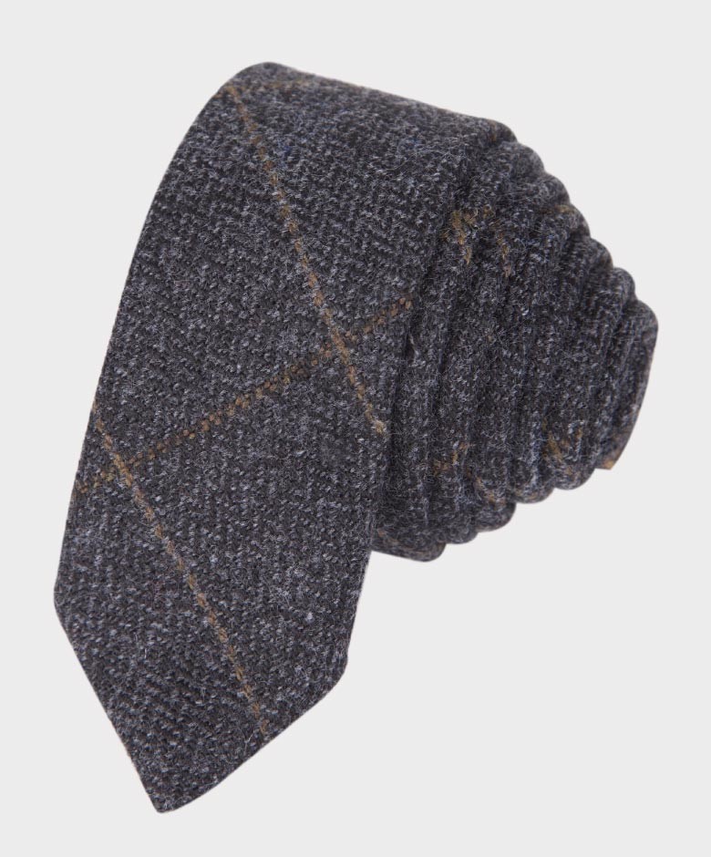 Boys Herringbone Tweed Windowpane Check Slim Tie and Hanky Set