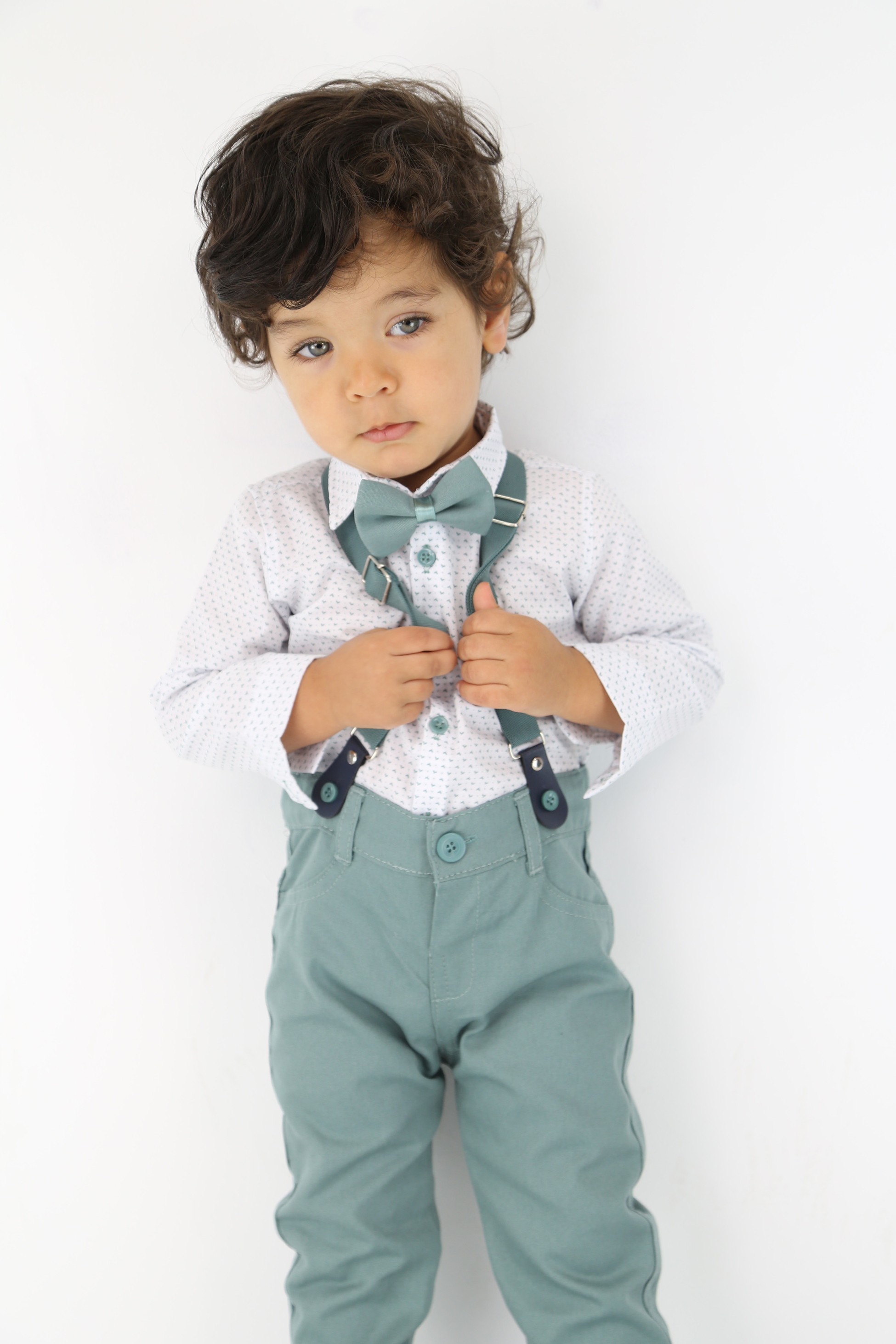 Baby Jungen Gentleman Outfit - 4-teiliges Hosenträger-Anzug-Set - BIRD - Grün