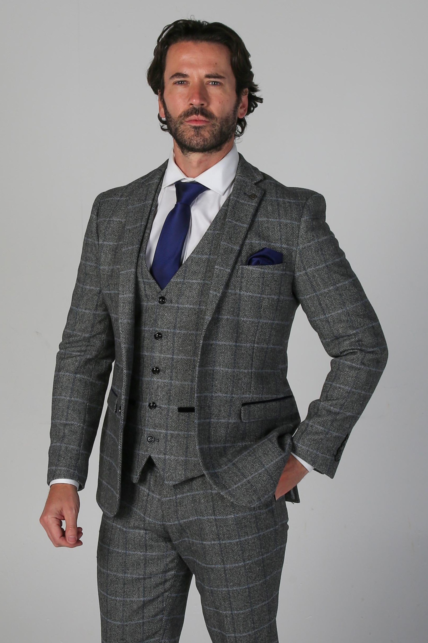 Men's Tweed Retro Windowpane Formal Suit - HARRIS - Grey