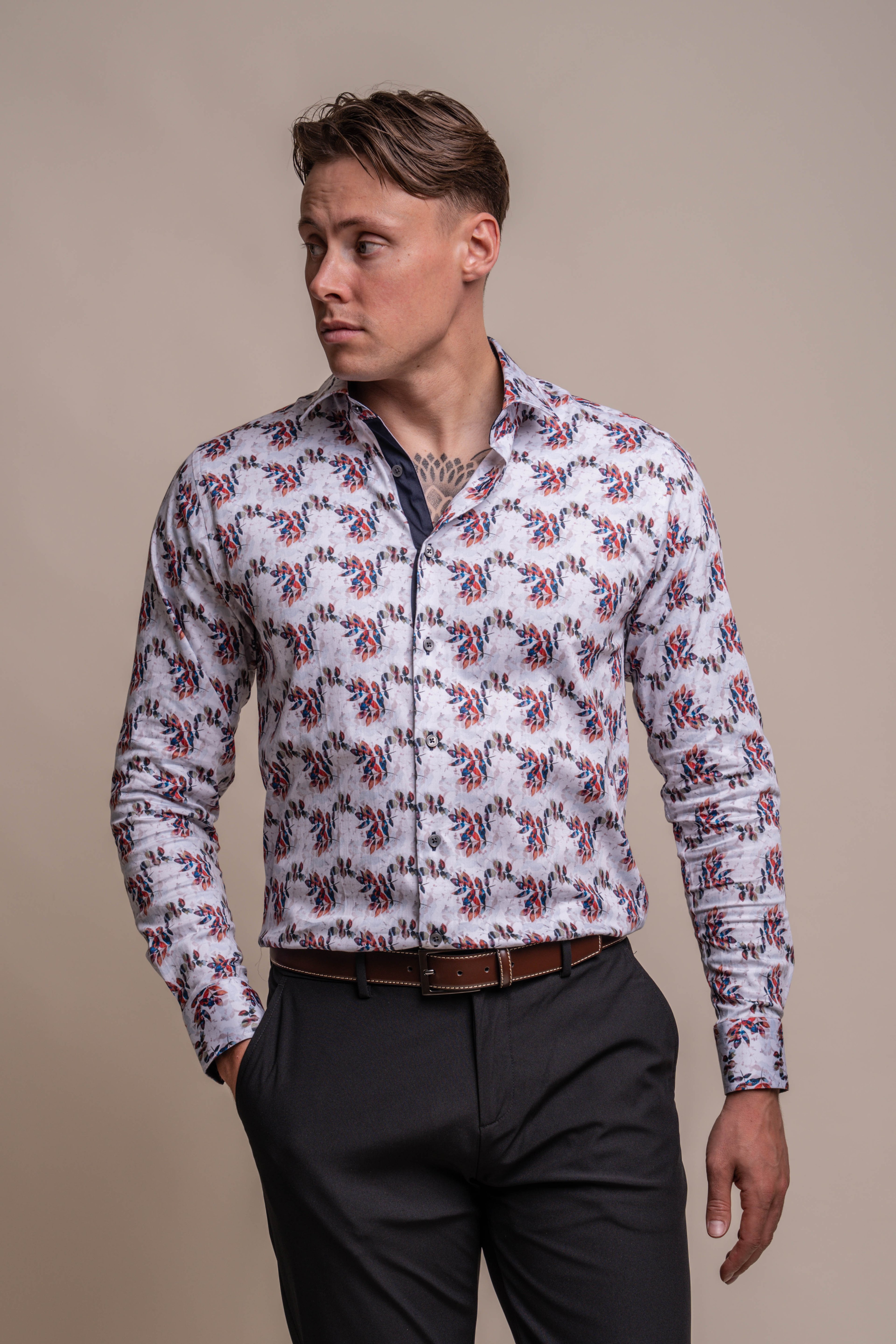 Men's Slim Fit Cotton Leaf Patterned Shirt - GENOA