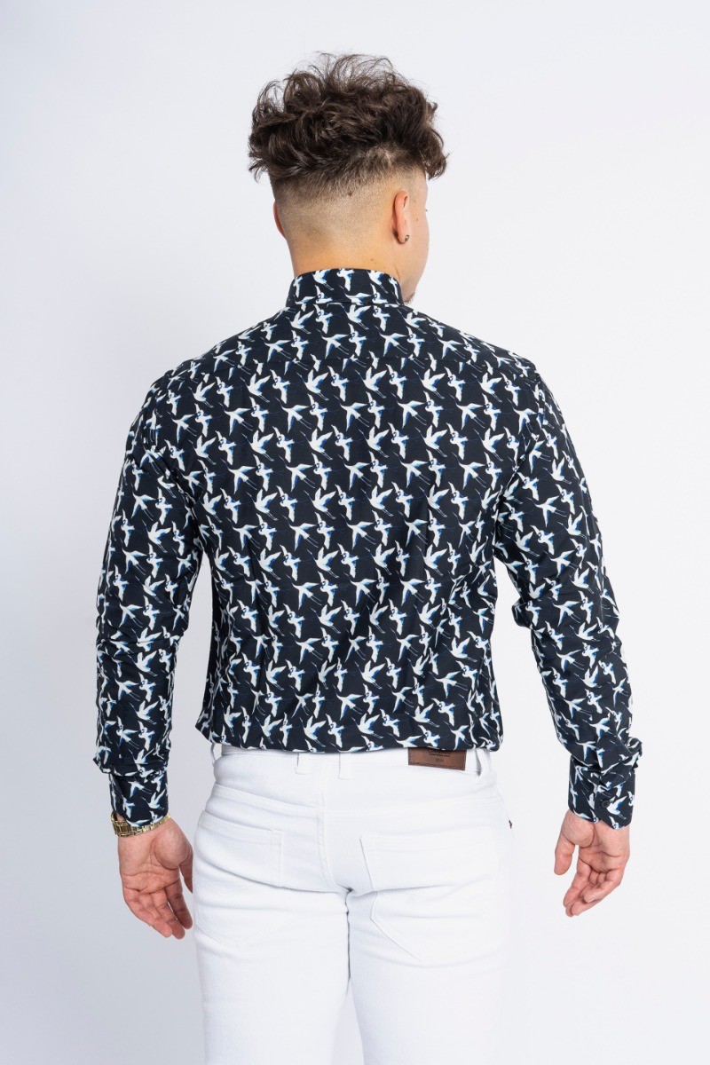 Men's Cotton Bird Pattern Long Sleeve Shirt