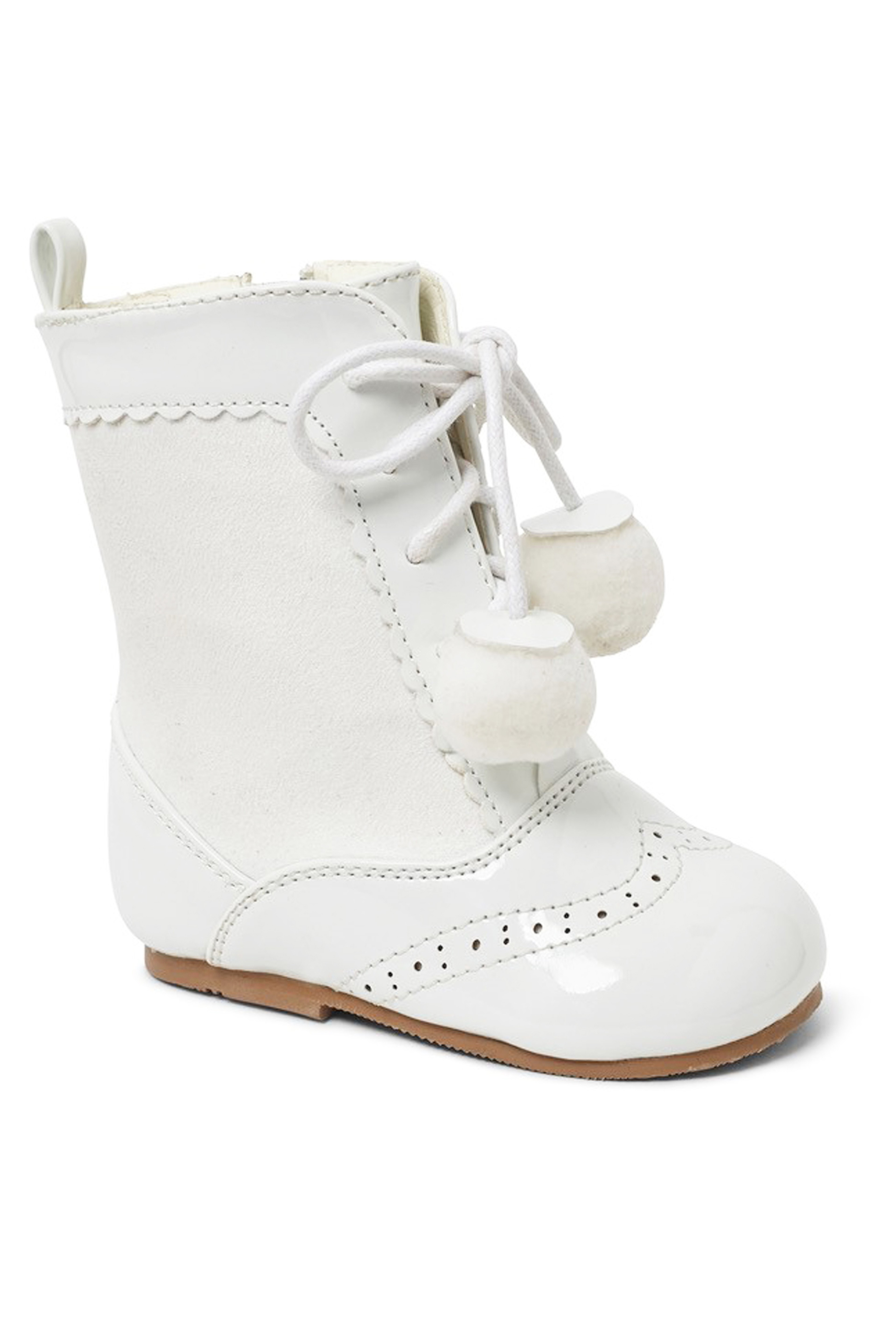 Kids Patent Leather Sienna Brogue Boots with Lace-Up and Pom-Pom Details, Unisex Classic Footwear - White