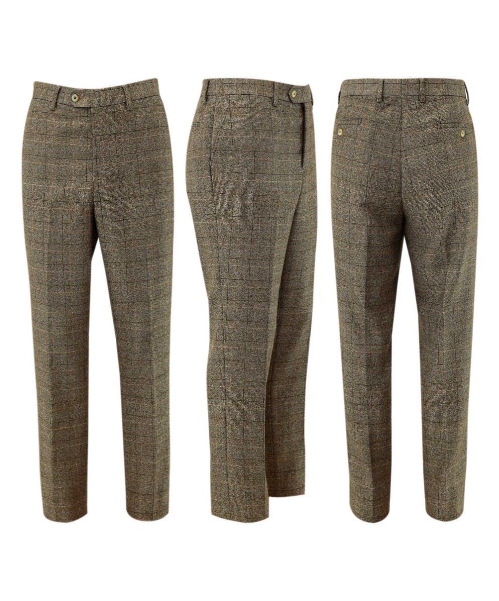 Men's Tweed Windowpane Check Pants - LIAM Beige