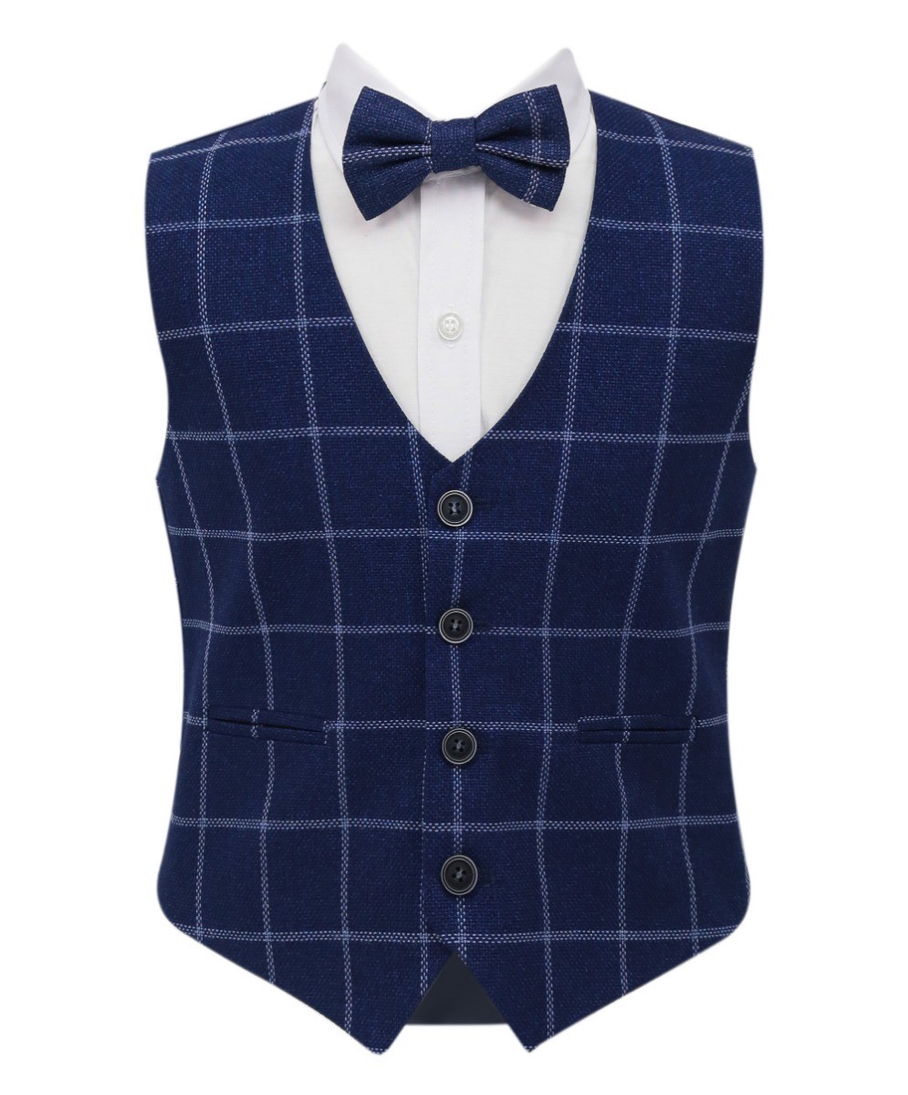 Boys Tweed Check Cotton Vest Set - Navy Blue