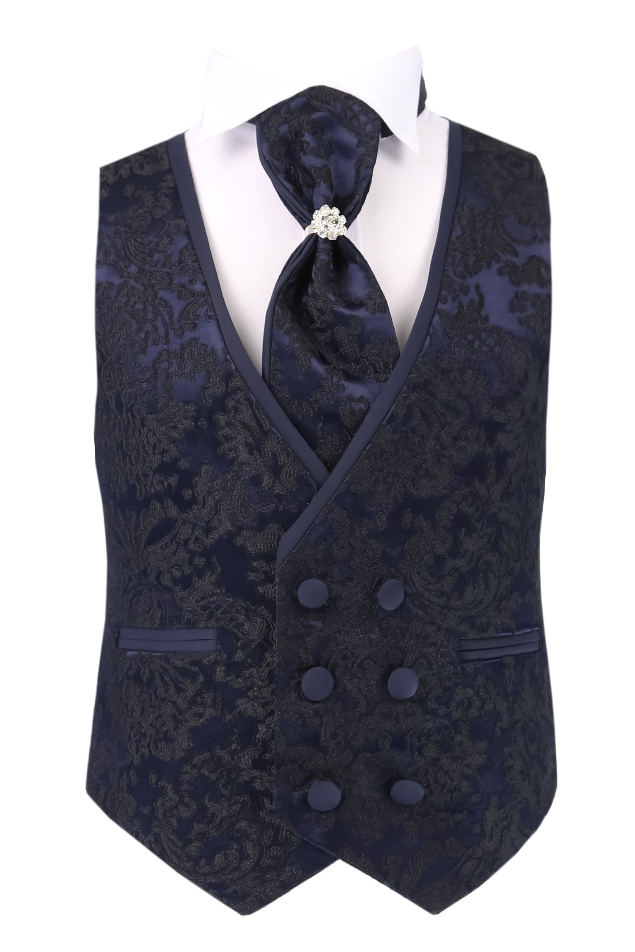 Jungen Slim Fit Paisley Blumen Schwarzer Smokinganzug Seti - Navy