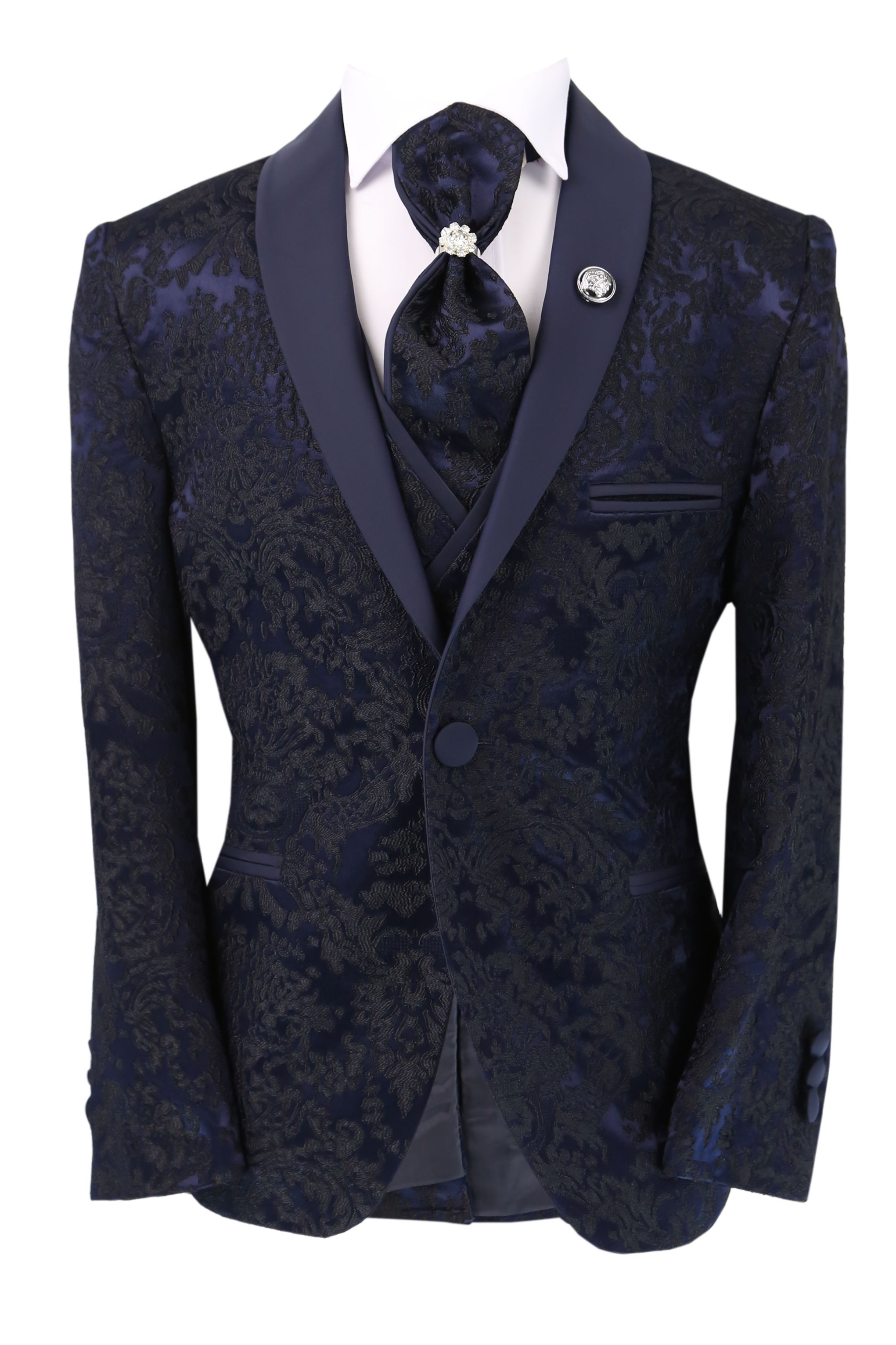 Jungen Slim Fit Paisley Blumen Schwarzer Smokinganzug Seti - Navy