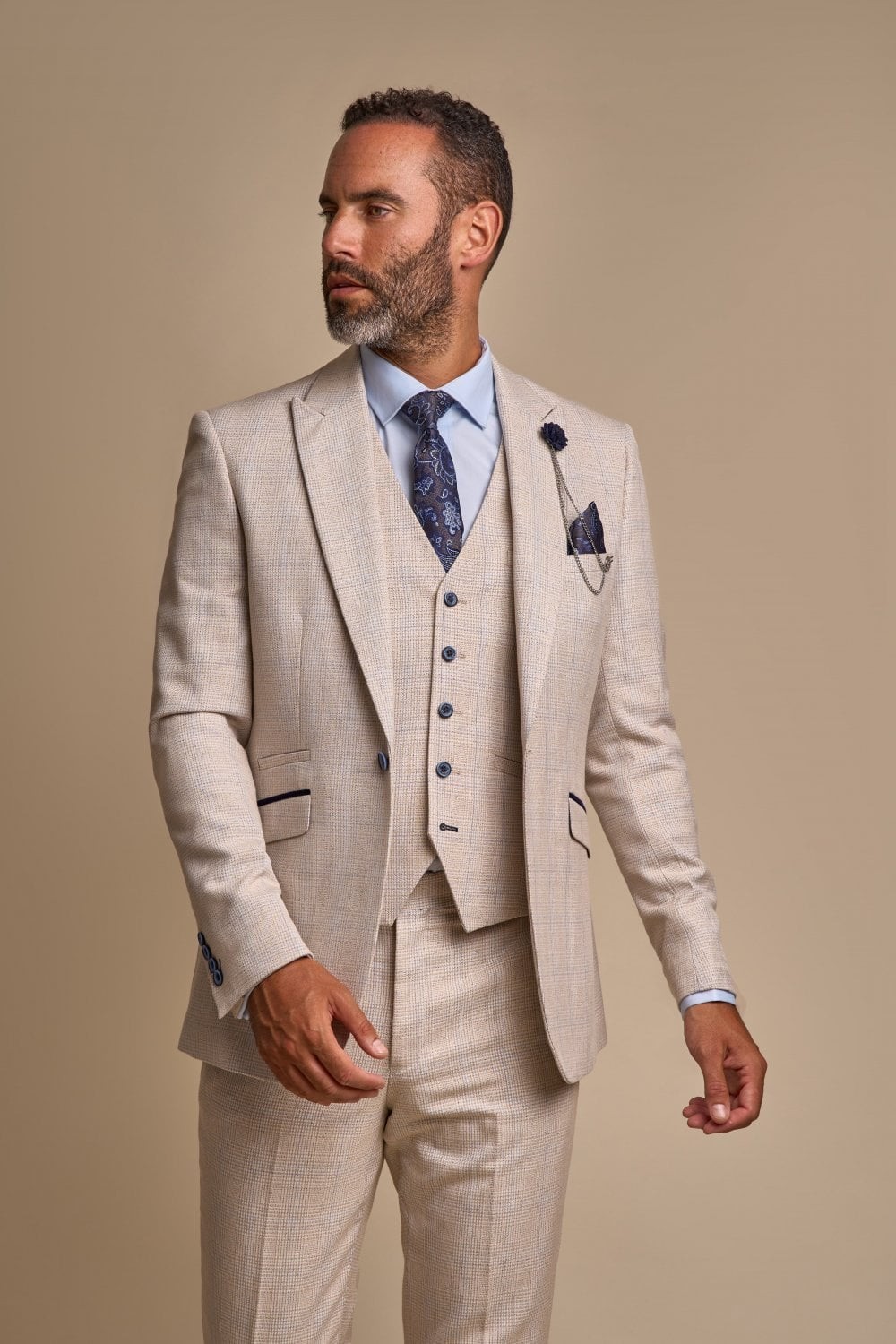 Men's Slim Fit Houndstooth Tweed Suit 3-Piece - CARIDI Pants Lenght Option - Cream - Ivory