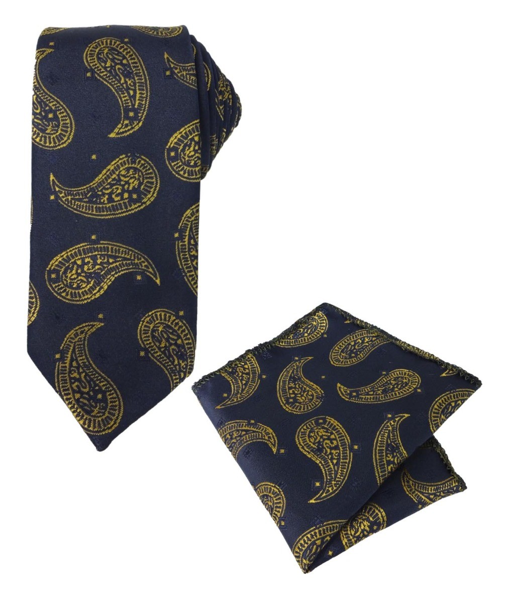 Ensemble cravate et mouchoir de poche formel avec motifs paisley pour garçons et hommes - Bleu marine - or