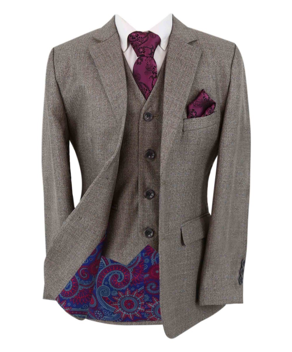 Boys Tailored Fit Textured Suit  - Dunkelbeige