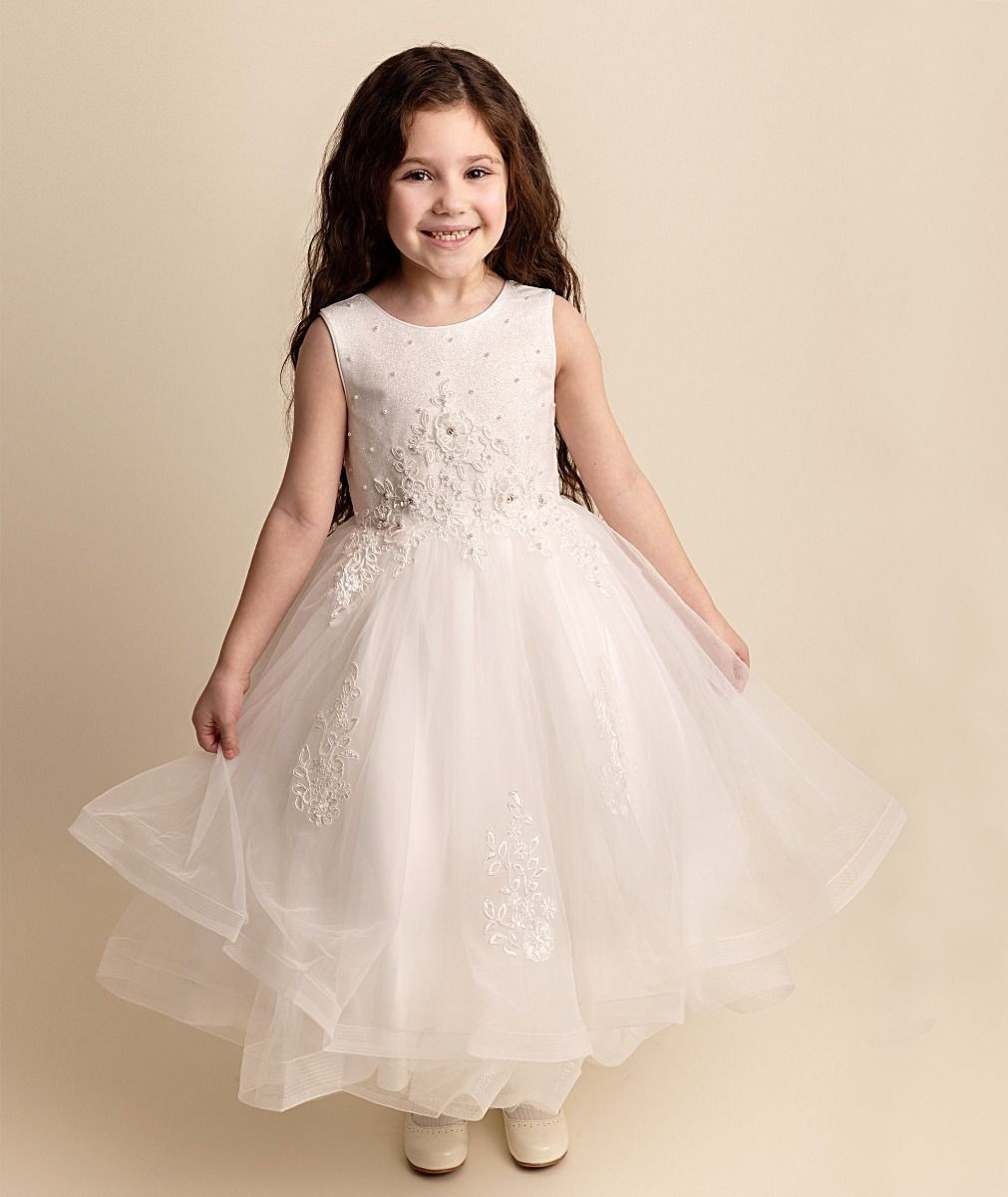 Girls Ivory Floral Embroidered Tulle Dress - RAQUEL