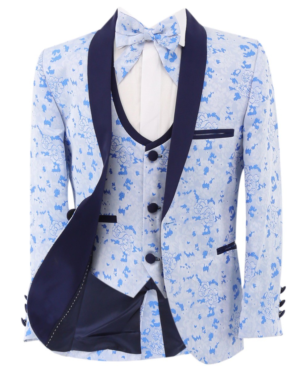 Boys Slim Fit Floral Blue Tuxedo Suit Set