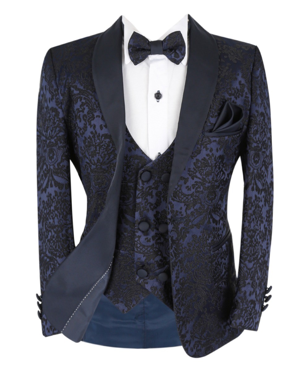 Boys Floral Embroidered Tuxedo Suit Set - Navy Blue