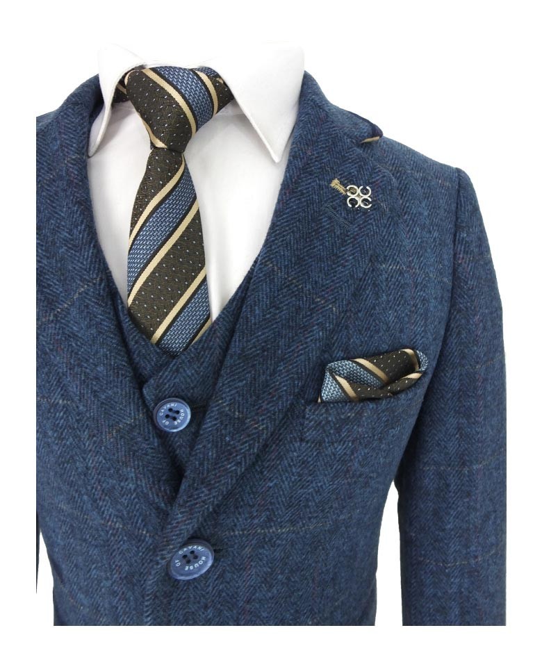 Jungen Slim-Fit Fischgräten-Tweed Blauer Anzug - CARNEGI