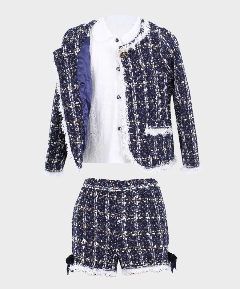 Mädchen Tweed-Karo 3-Teiliges Outfit-Set in Marineblau