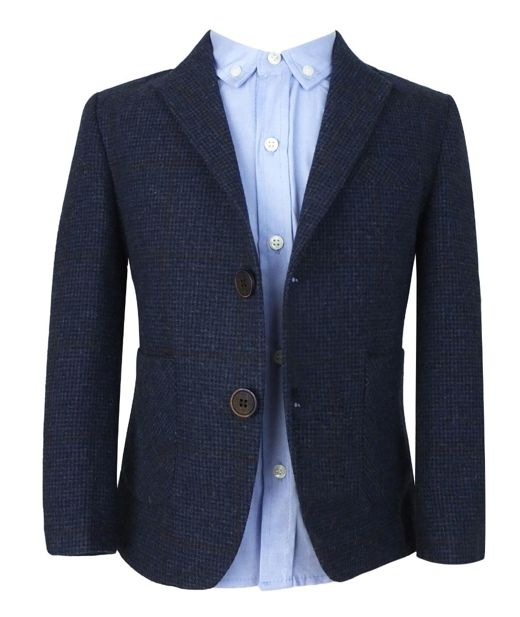 Boys Herringbone Windowpane Wool Suit - Navy Blue - Brown