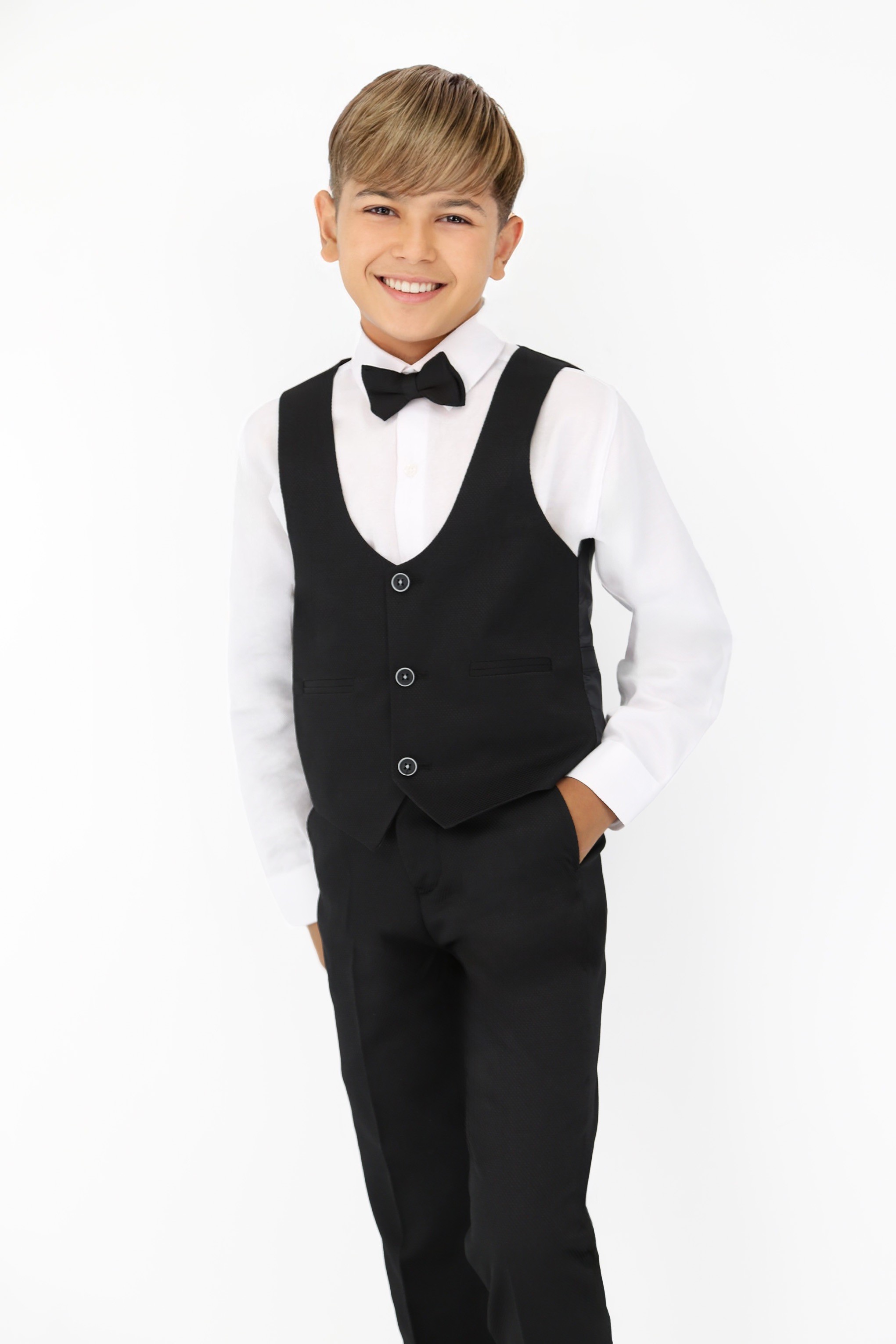 Slim-Fit Jungen Anzug 5-teilig mit Selbstmuster - Schwarz