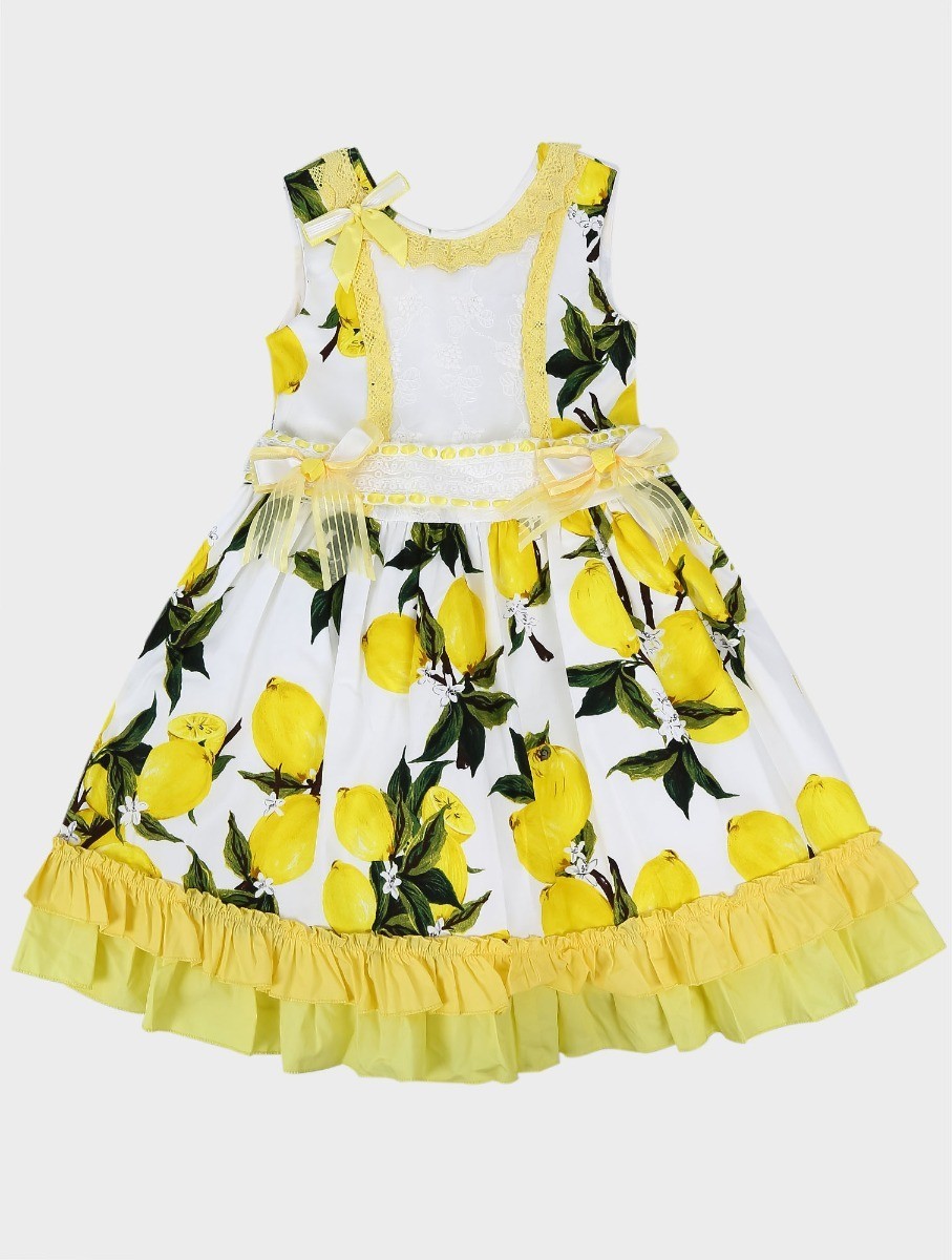 Girls Floral Sleeveless Lace Ruffles Dress - White and Yellow