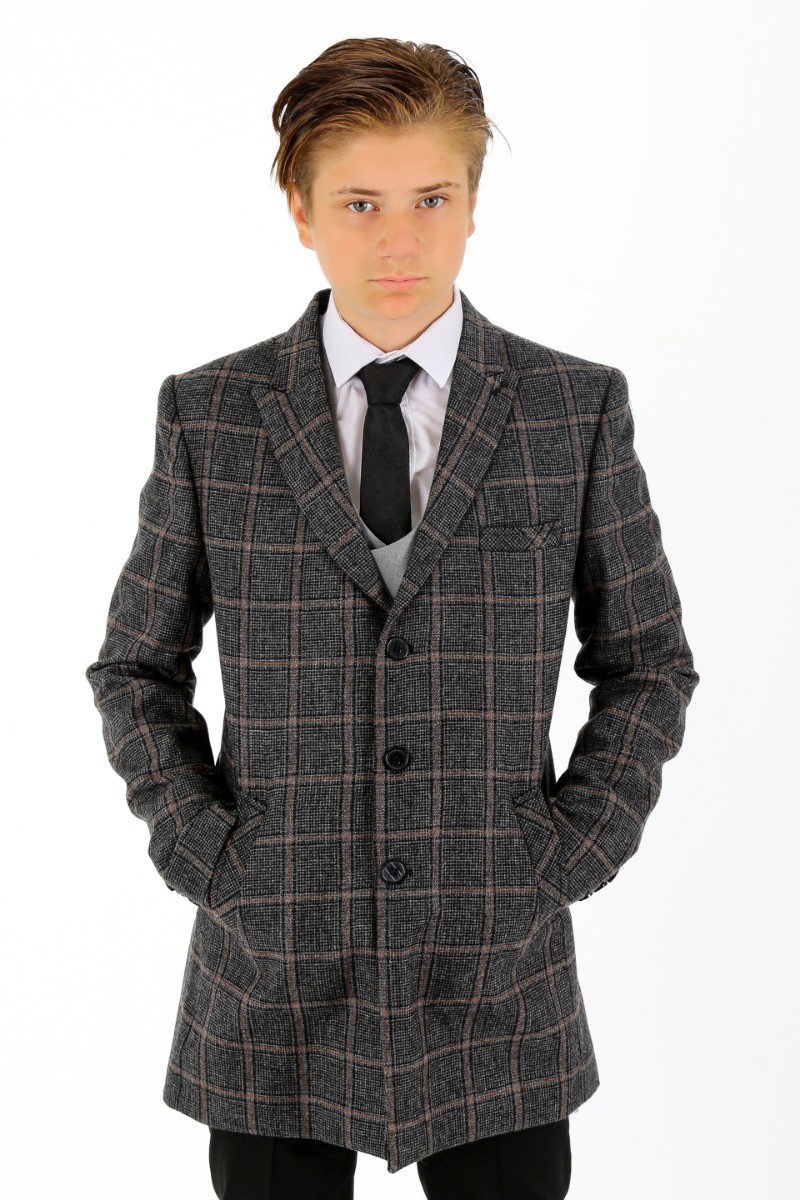 Manteau midi en tweed de laine à carreaux pour garçons - FAUNUS - Gris foncé